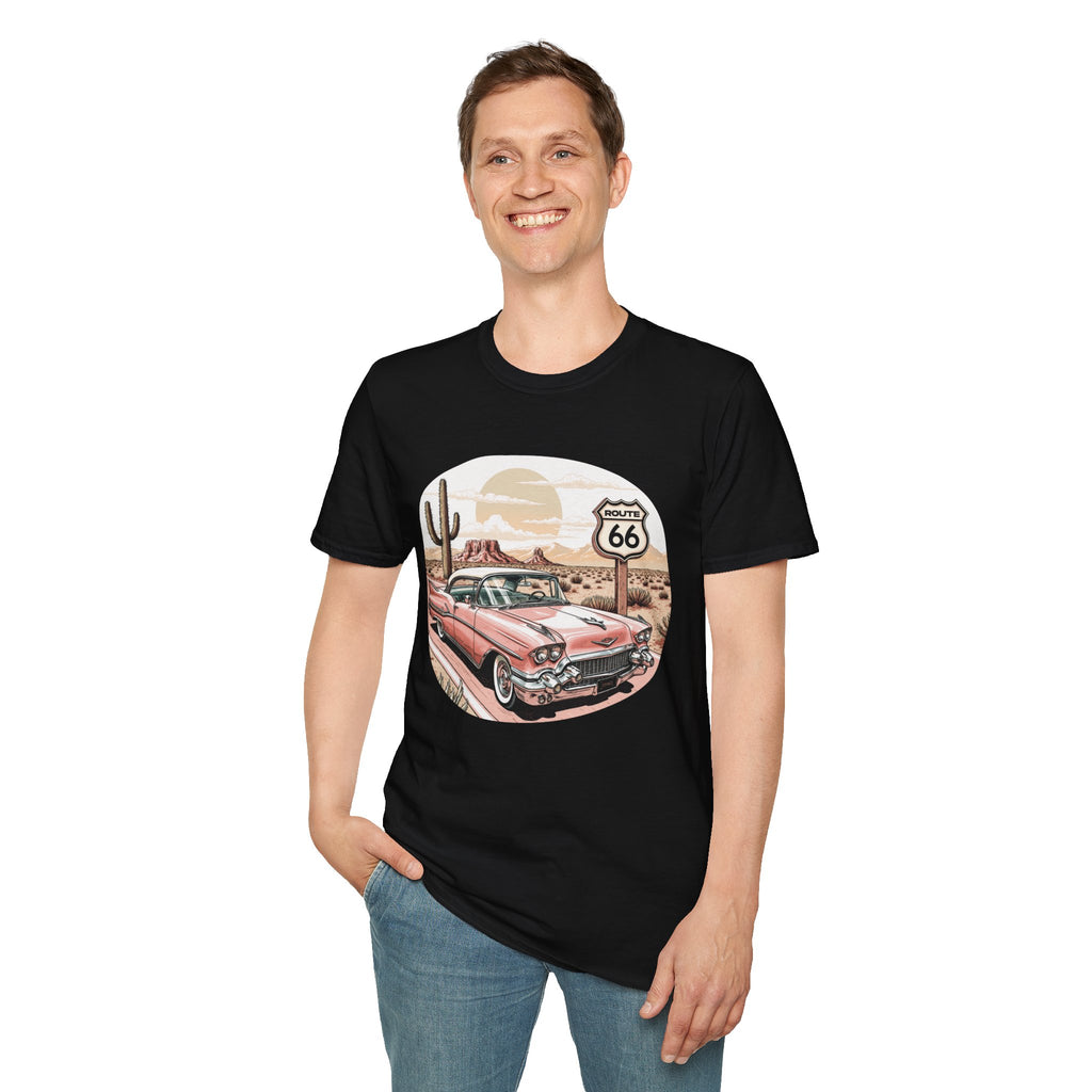Retro Pink Classic Car Route 66 T-Shirt | Desert Cactus Vintage Roadtrip