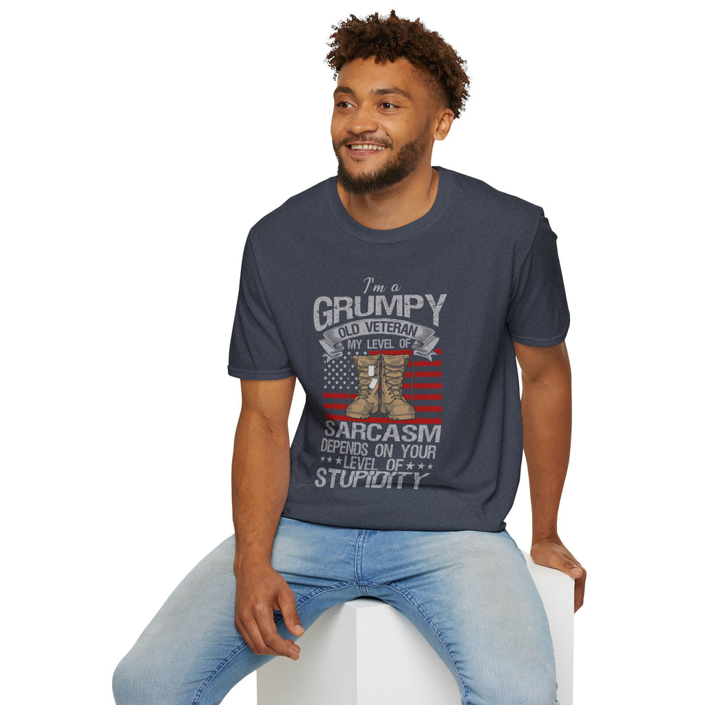 Grumpy Old Veteran Boots, T-Shirt | American Flag, Sarcasm Depends on Stupidity