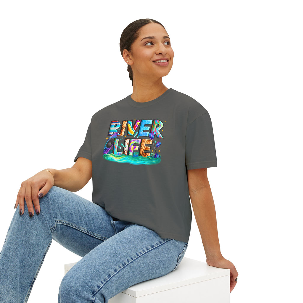 River Life boxy tee | colorful river lettering, kayak, fishing graphics