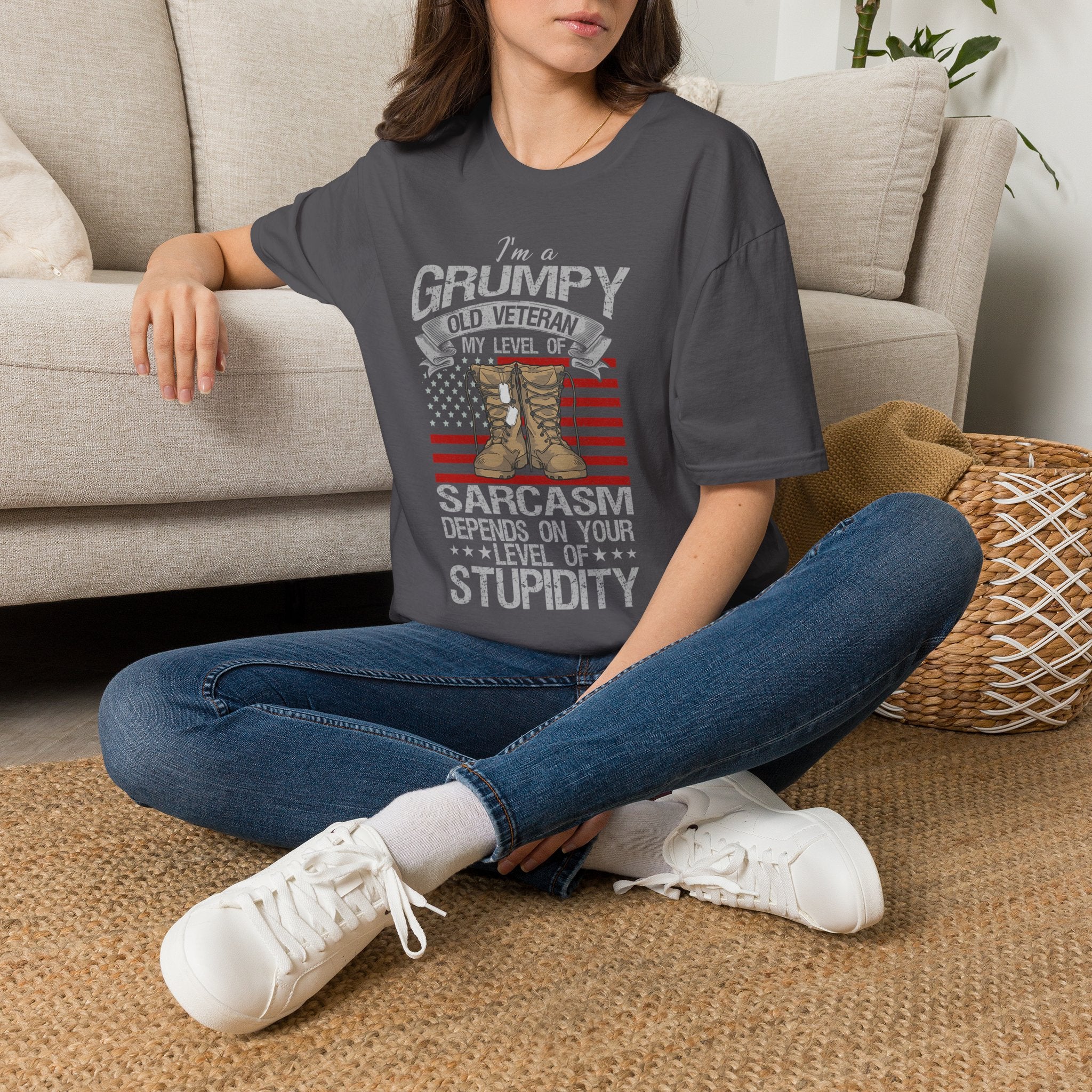 Grumpy Old Veteran Boots, T-Shirt | American Flag, Sarcasm Depends on Stupidity