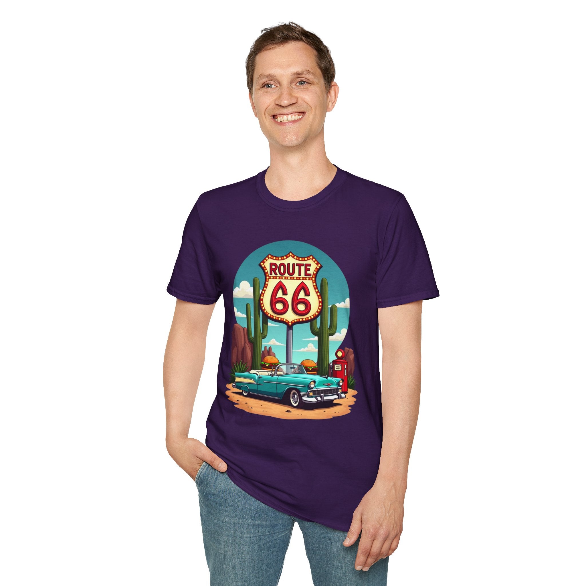 Route 66 Classic Car T-Shirt | Retro Desert Road Sign, Vintage Convertible