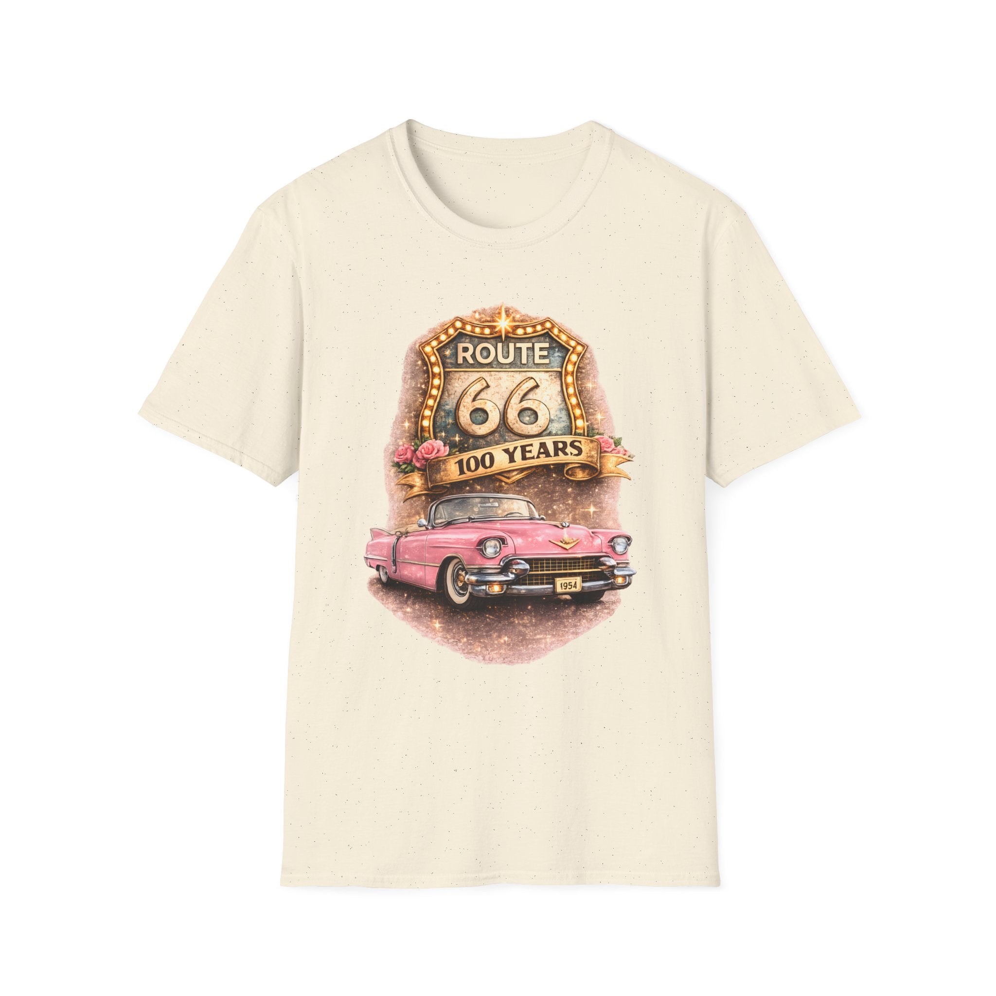 Route 66 100 Years Pink Classic Car T-Shirt | Vintage Road Trip Tee