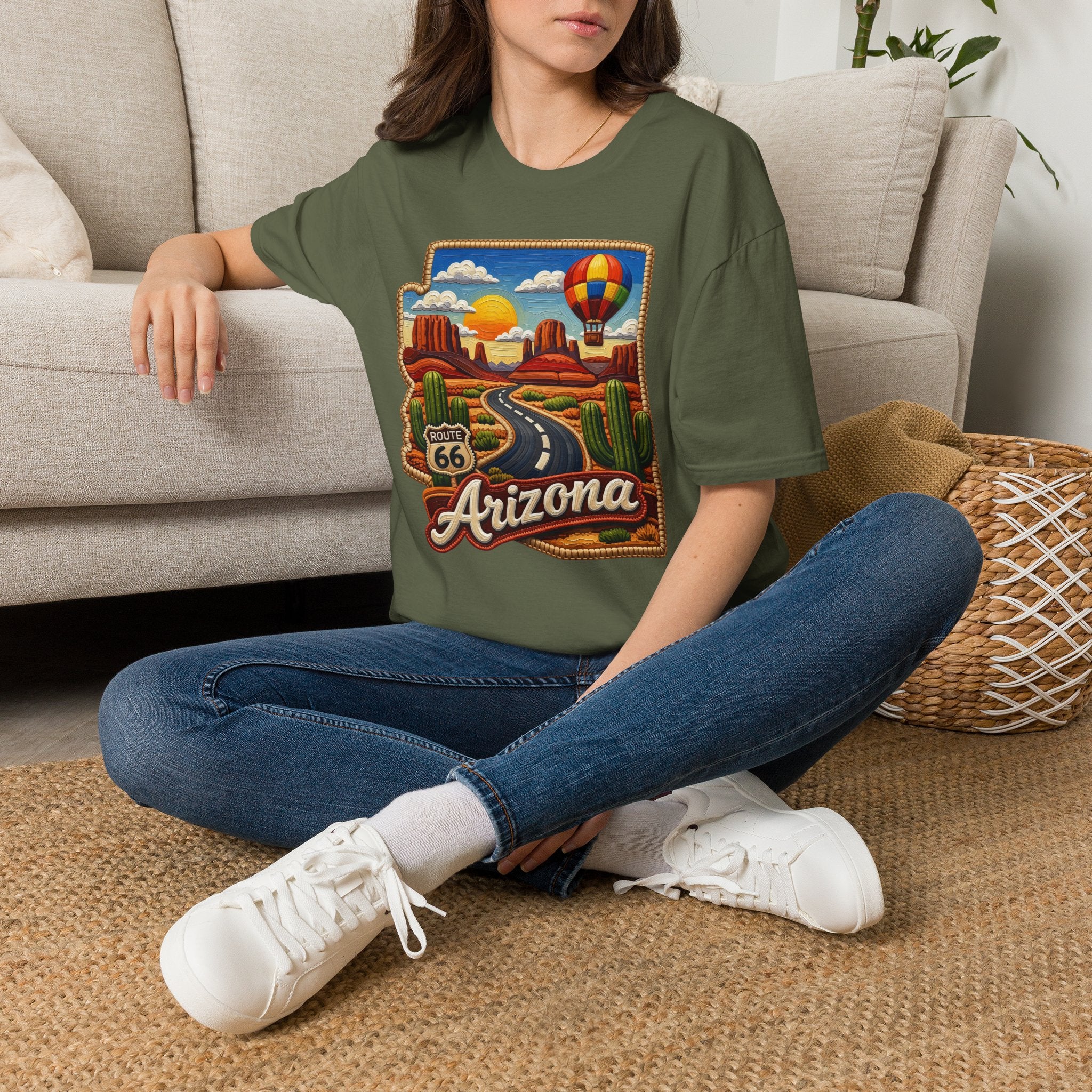 Arizona Route 66 Desert Road T-Shirt | Hot Air Balloon Southwestern Scene