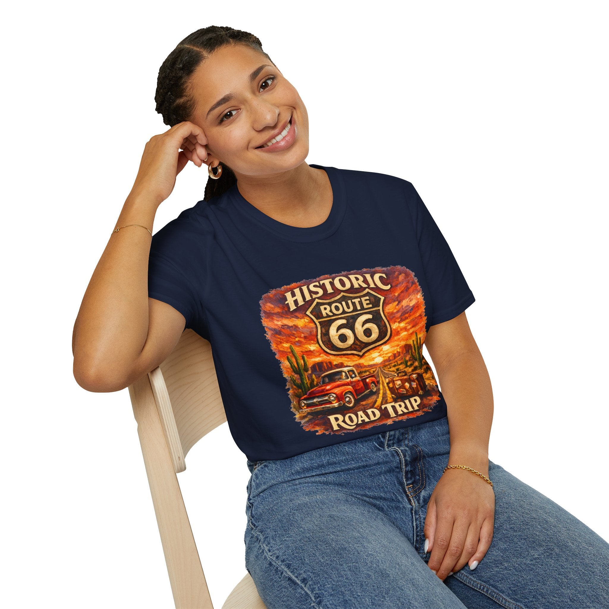 Historic Route 66 Road Trip T-Shirt | Vintage Car Desert Sunset