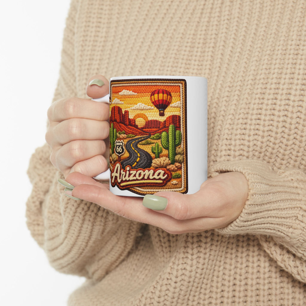 Arizona Desert Patch Mug | Hot Air Balloon, Cactus, Sunset Scene