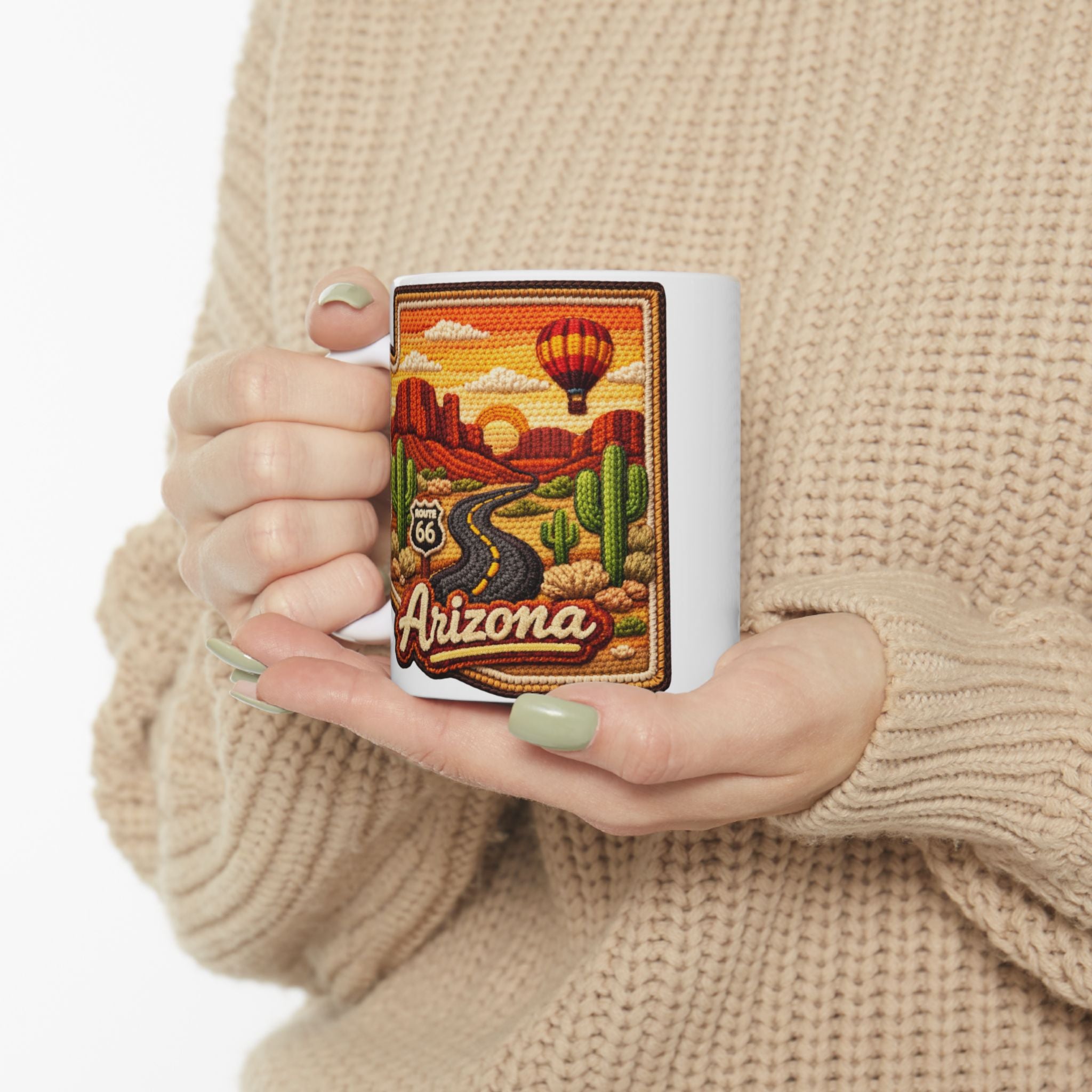 Arizona Desert Patch Mug | Hot Air Balloon, Cactus, Sunset Scene