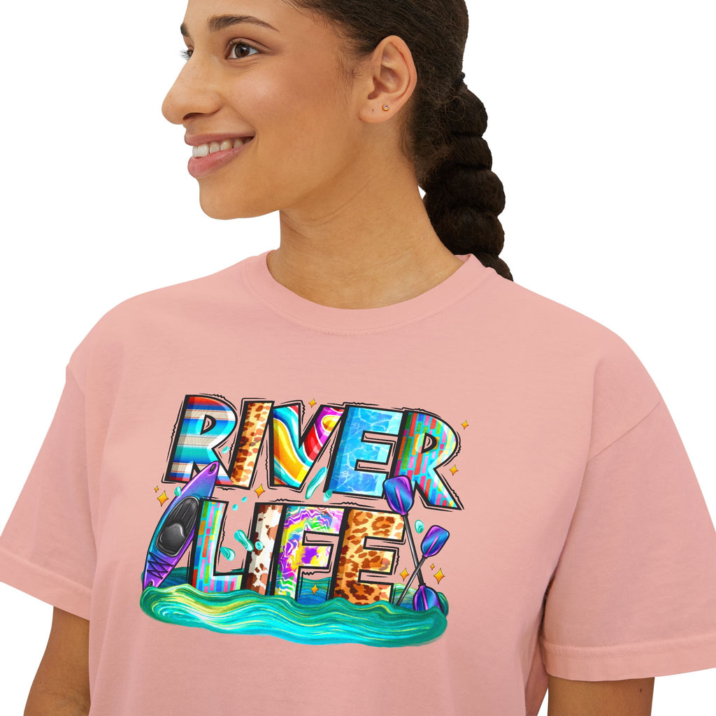 River Life boxy tee | colorful river lettering, kayak, fishing graphics