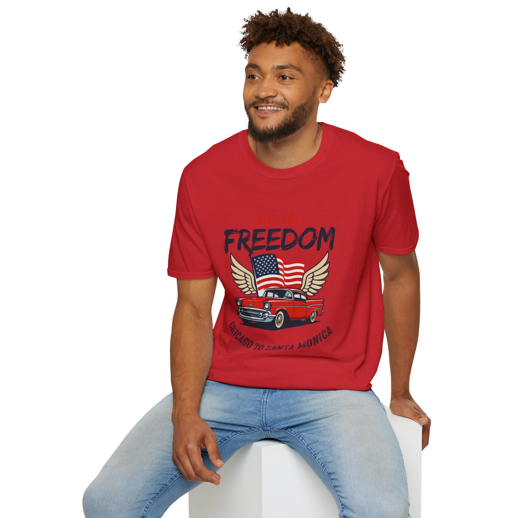 Fill the Freedom Vintage Car T-Shirt | American Flag Wings Chicago to Santa Monica Route 66