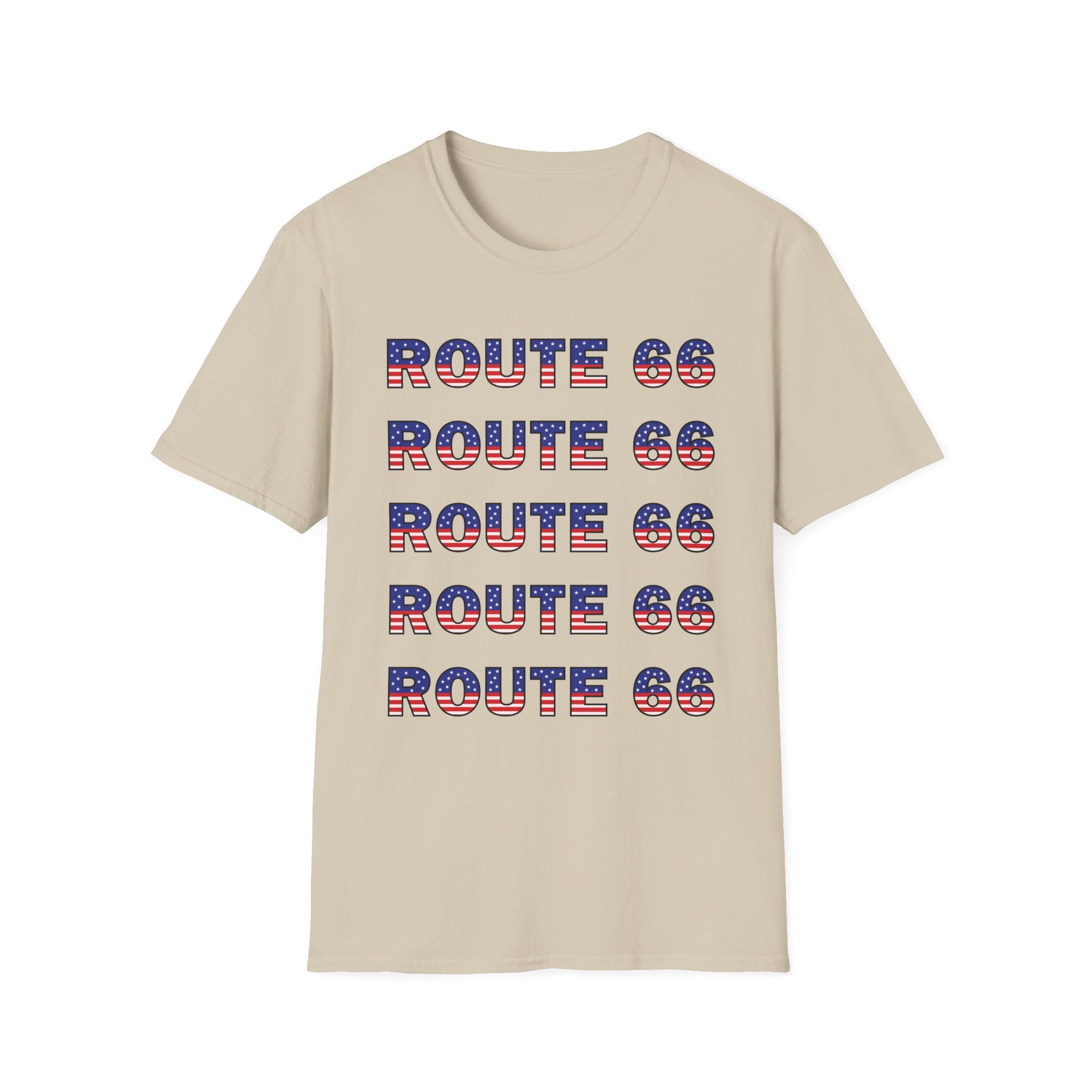 Route 66 Retro Text T-Shirt | American Flag Roadtrip Graphic