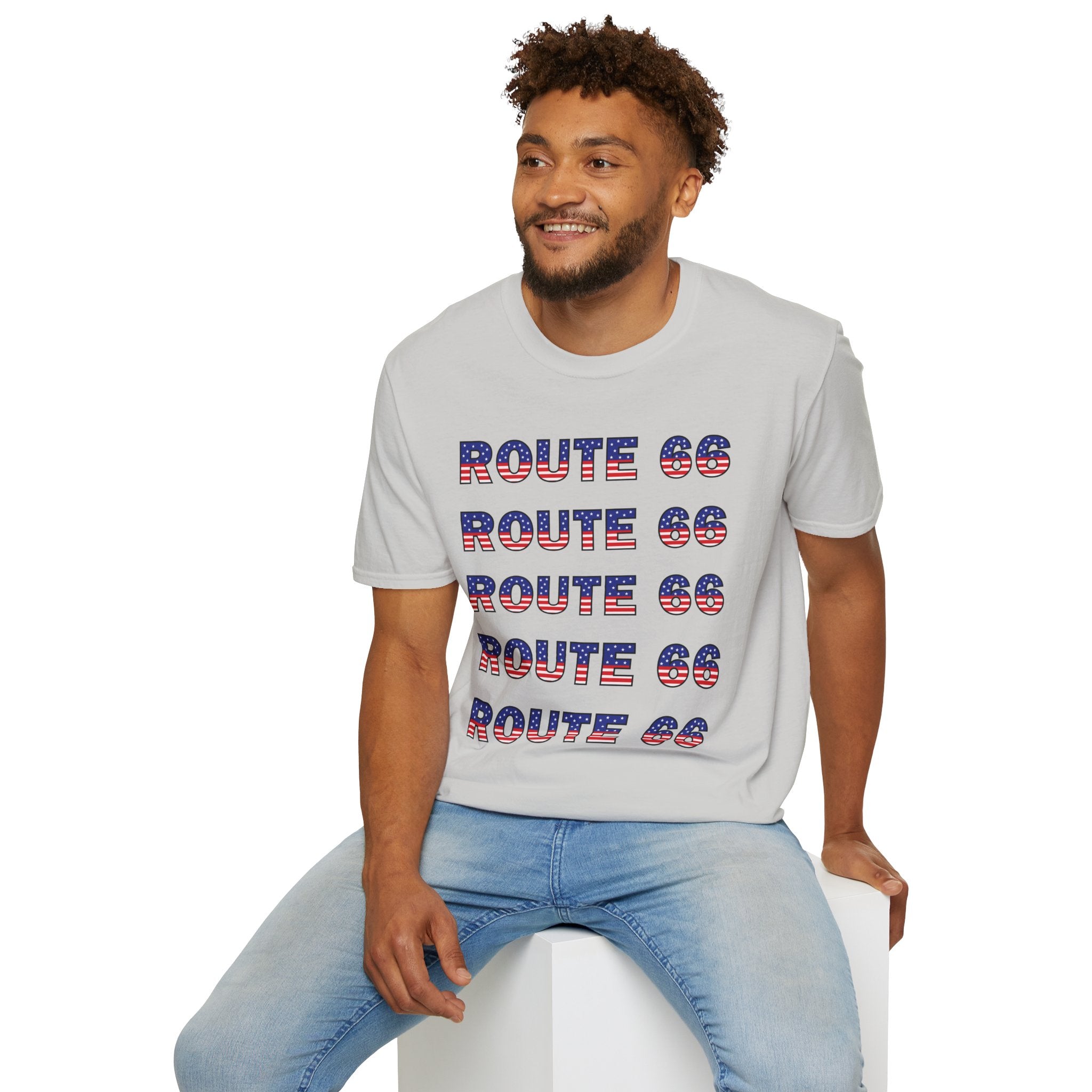 Route 66 Retro Text T-Shirt | American Flag Roadtrip Graphic