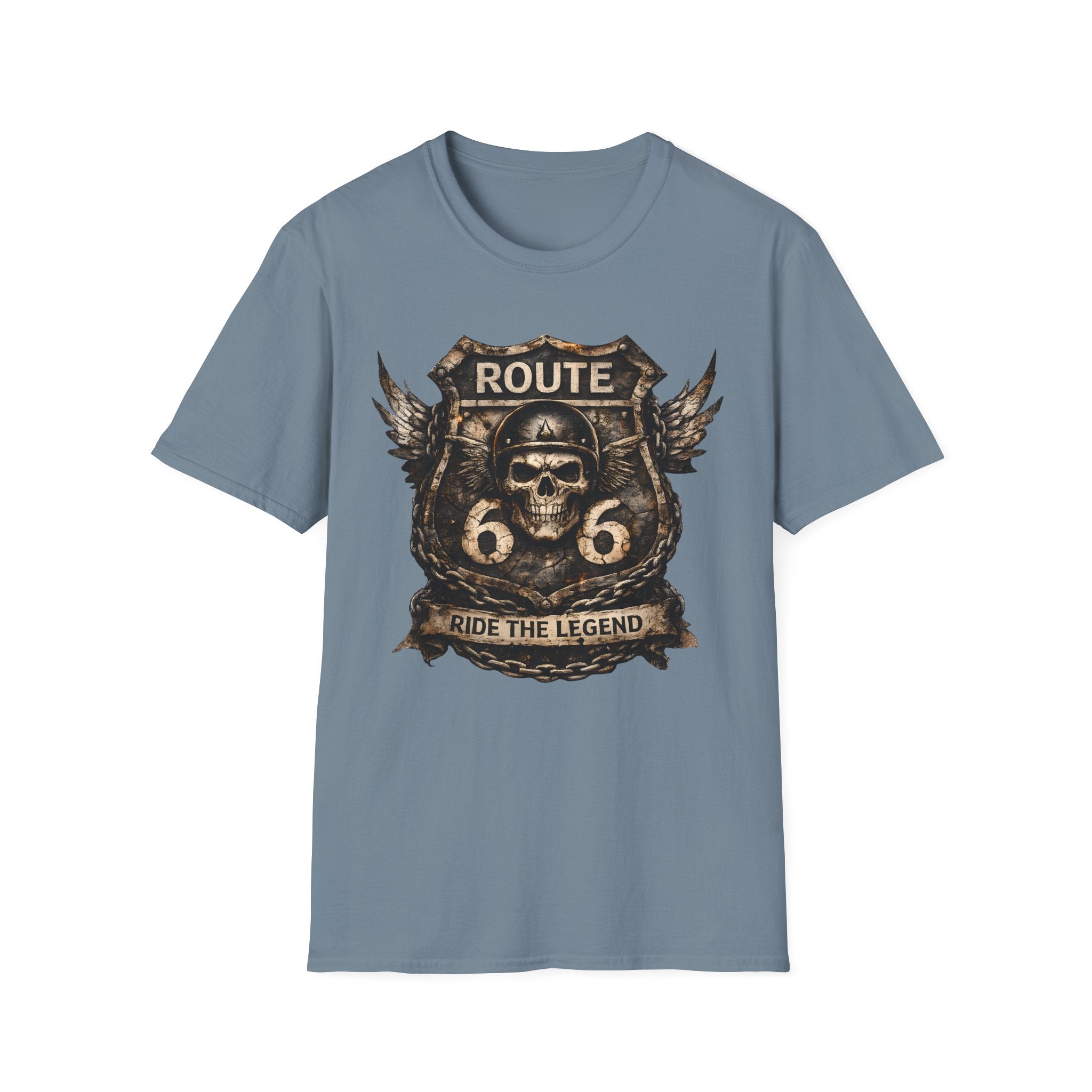 Route 66 Skull Badge T-Shirt | Ride the Legend, Winged Helmet Motorcycle Design