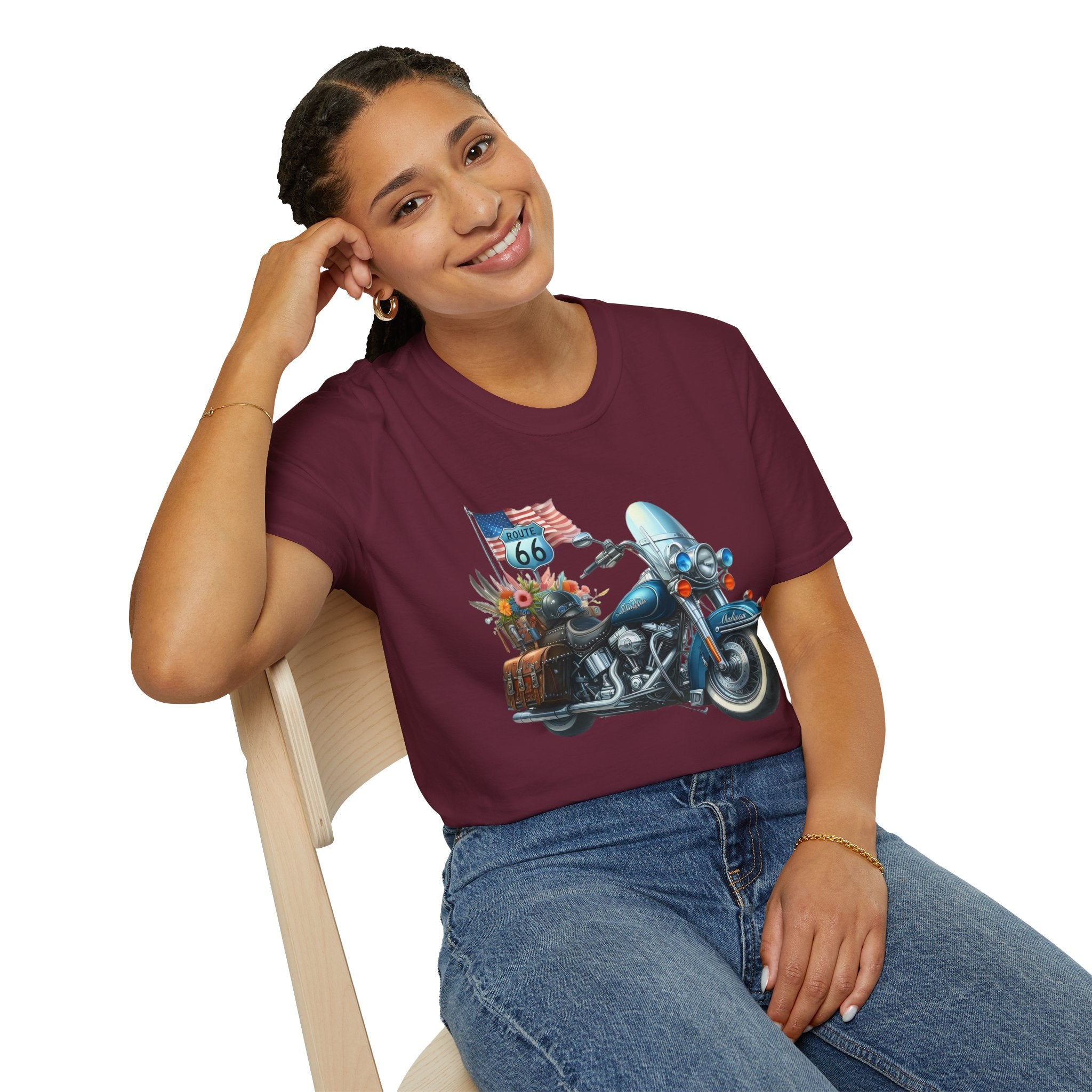 Route 66 Motorcycle Illustration T-Shirt | American Flag, Sunflowers