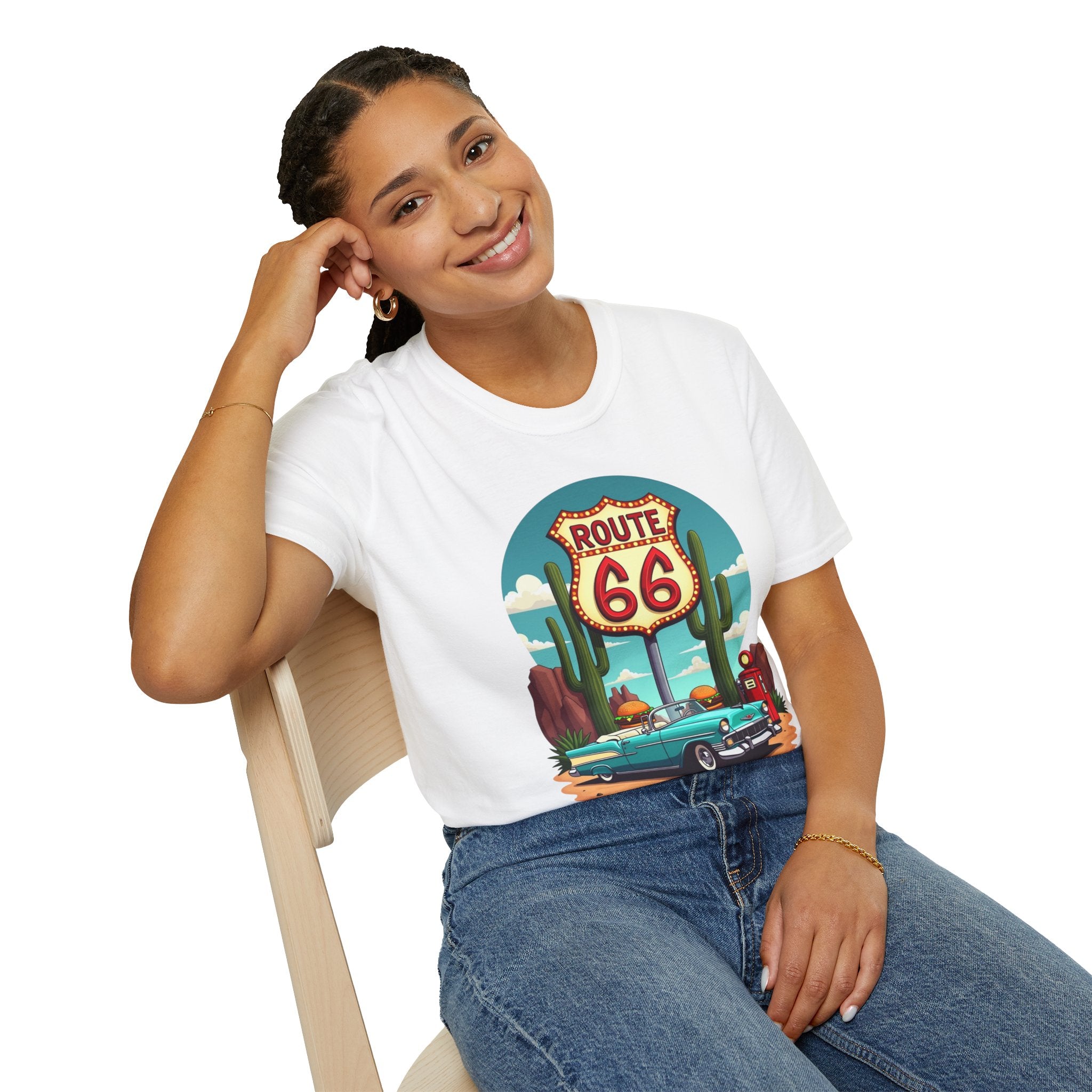 Route 66 Classic Car T-Shirt | Retro Desert Road Sign, Vintage Convertible