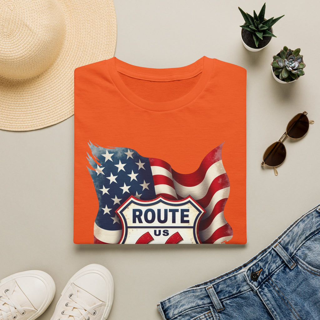 Route 66 Shield with American Flag T-Shirt | Vintage Road Trip Tee