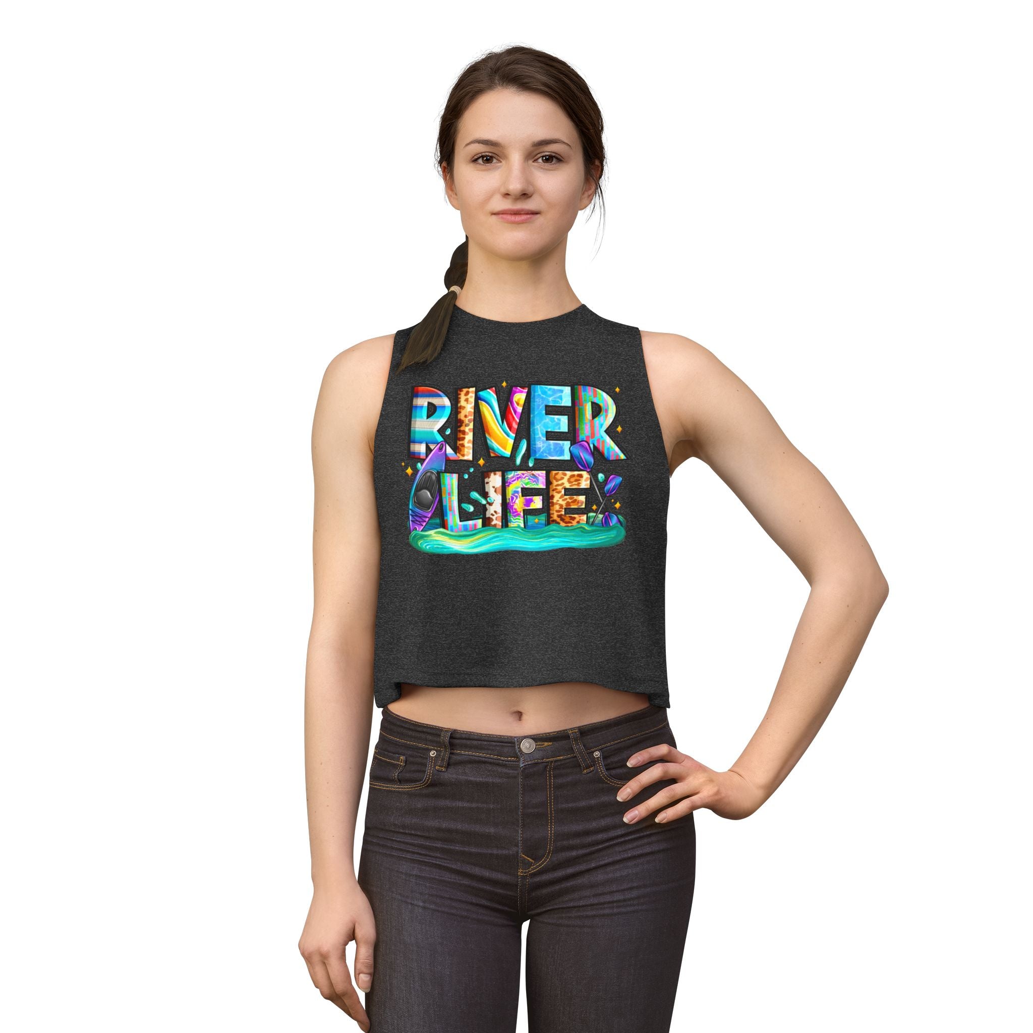 River Life Graphic Women's Crop Top | Kayak Paddle River Scene