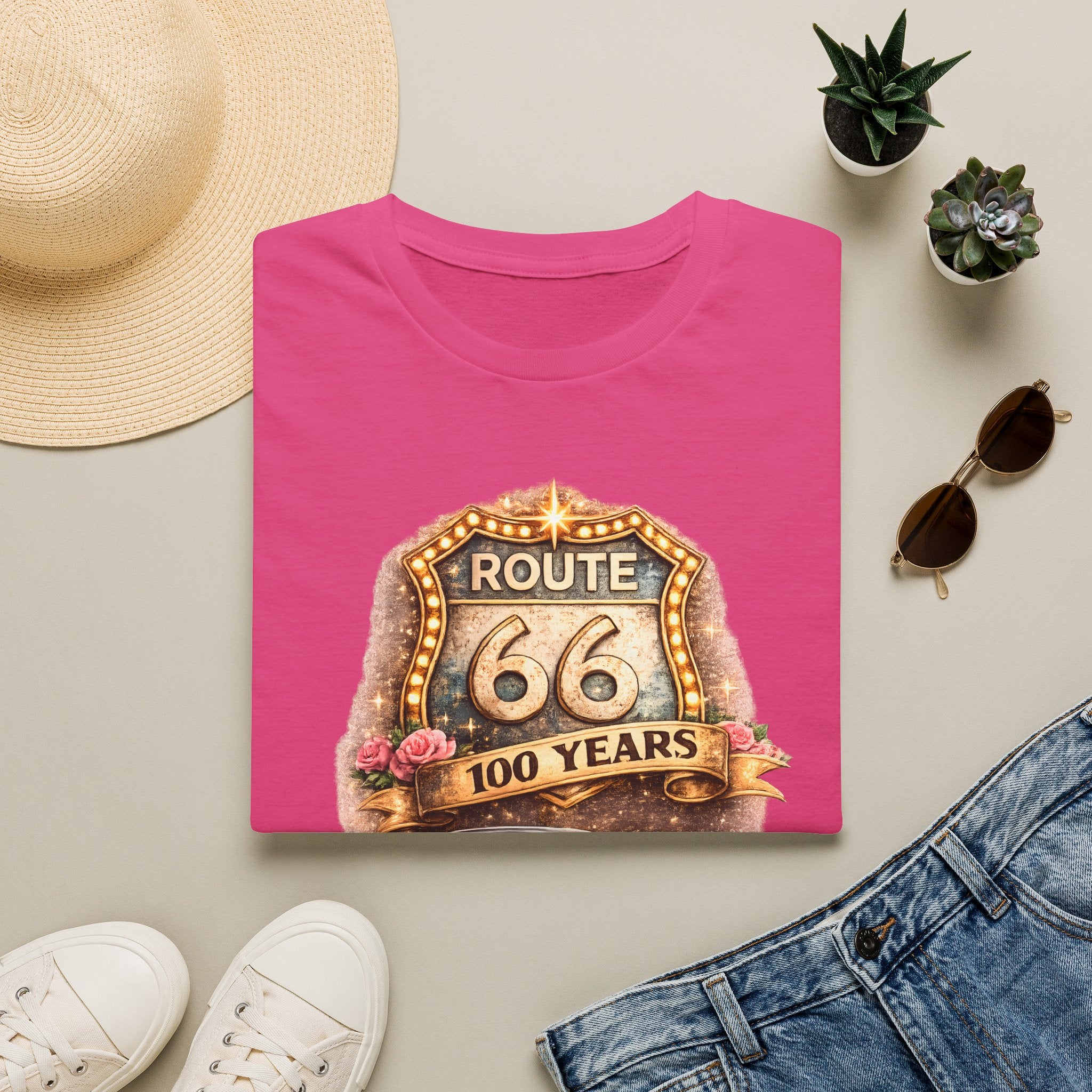 Route 66 100 Years Pink Classic Car T-Shirt | Vintage Road Trip Tee