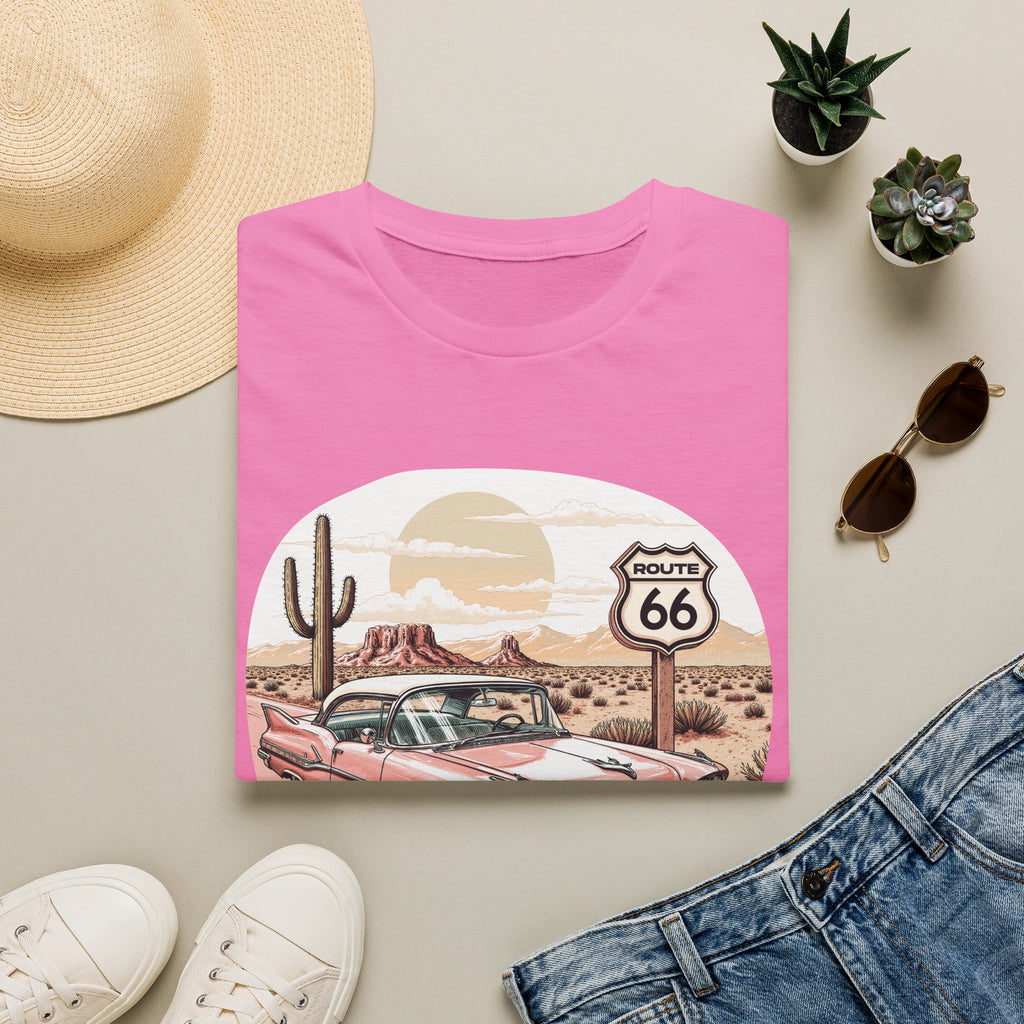 Retro Pink Classic Car Route 66 T-Shirt | Desert Cactus Vintage Roadtrip