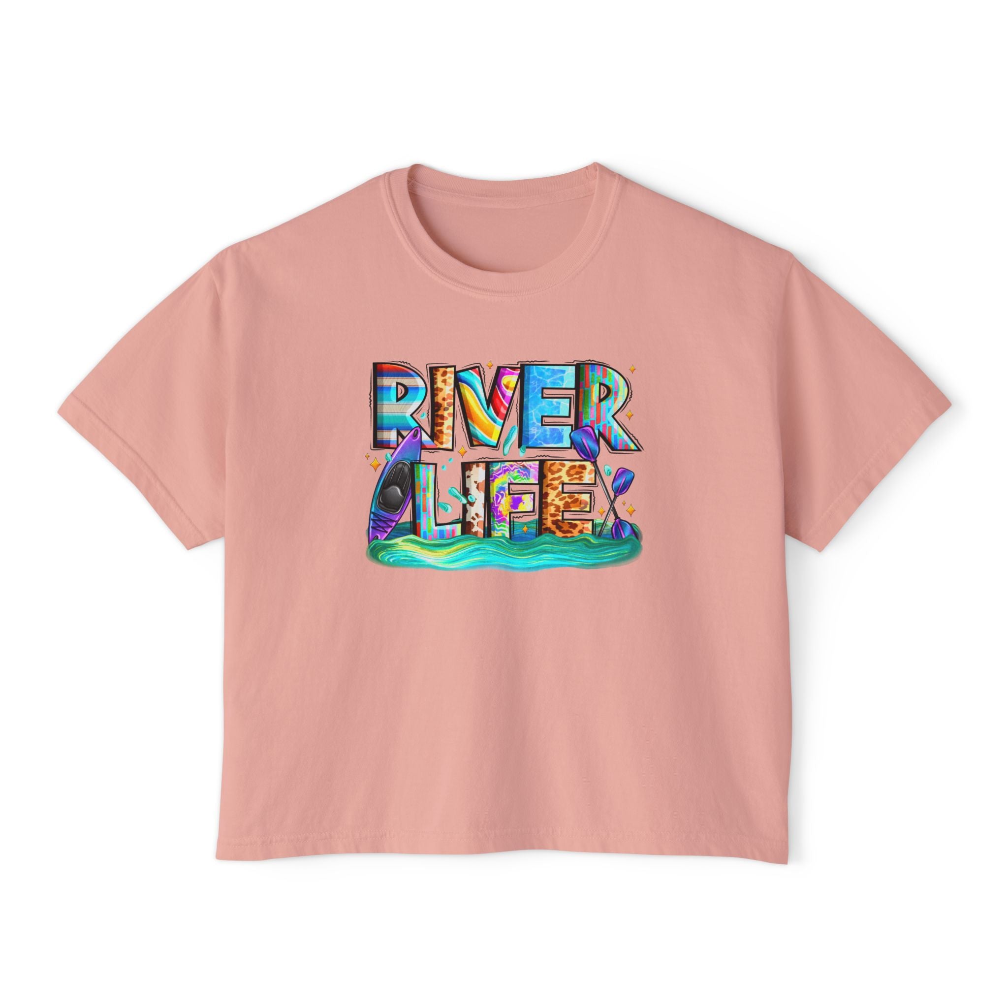 River Life boxy tee | colorful river lettering, kayak, fishing graphics