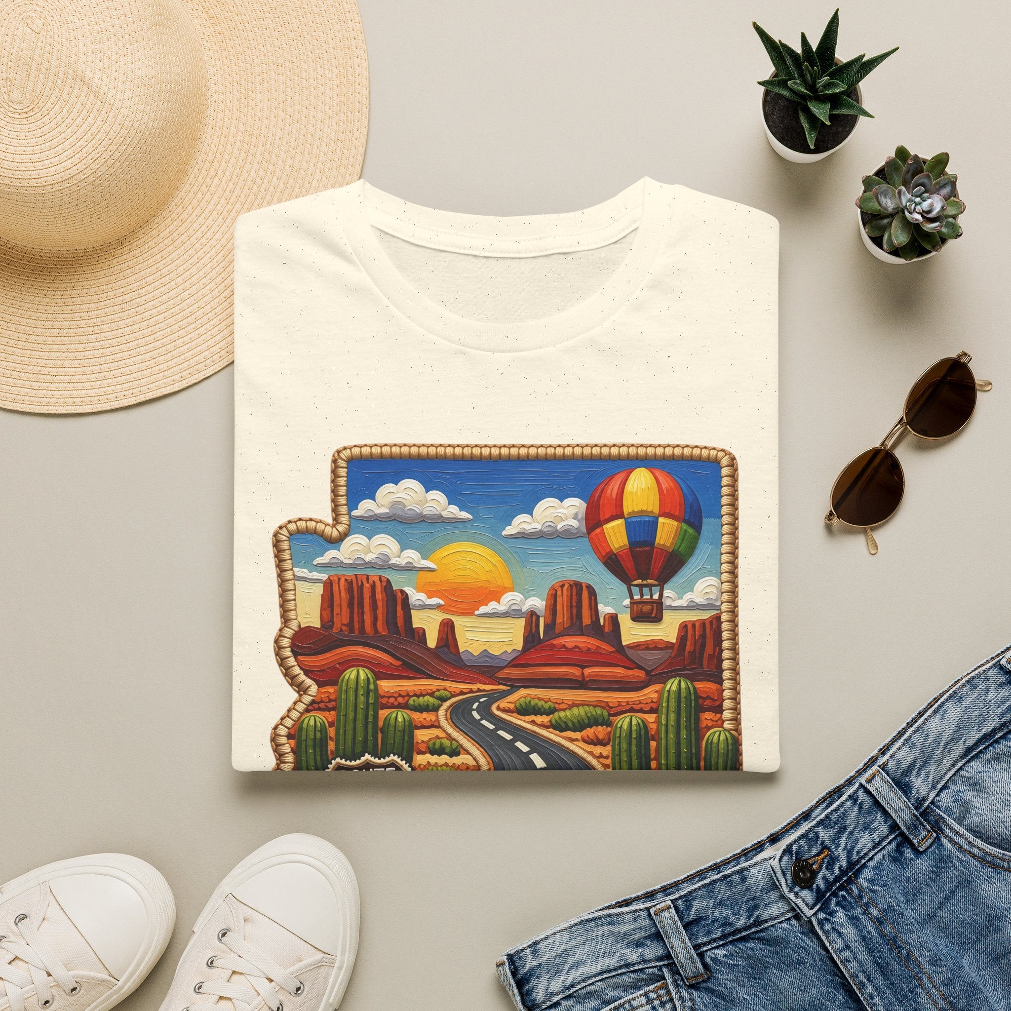 Arizona Route 66 Desert Road T-Shirt | Hot Air Balloon Southwestern Scene