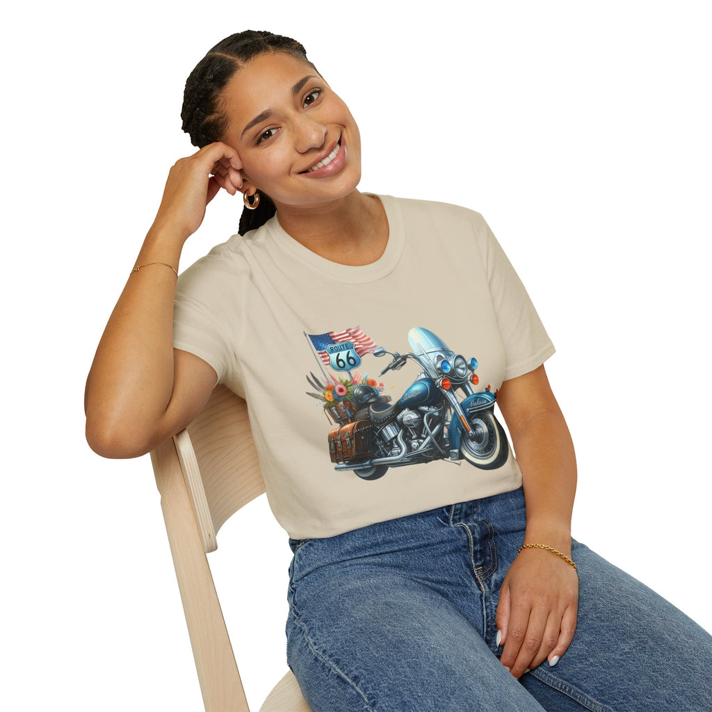 Route 66 Motorcycle Illustration T-Shirt | American Flag, Sunflowers