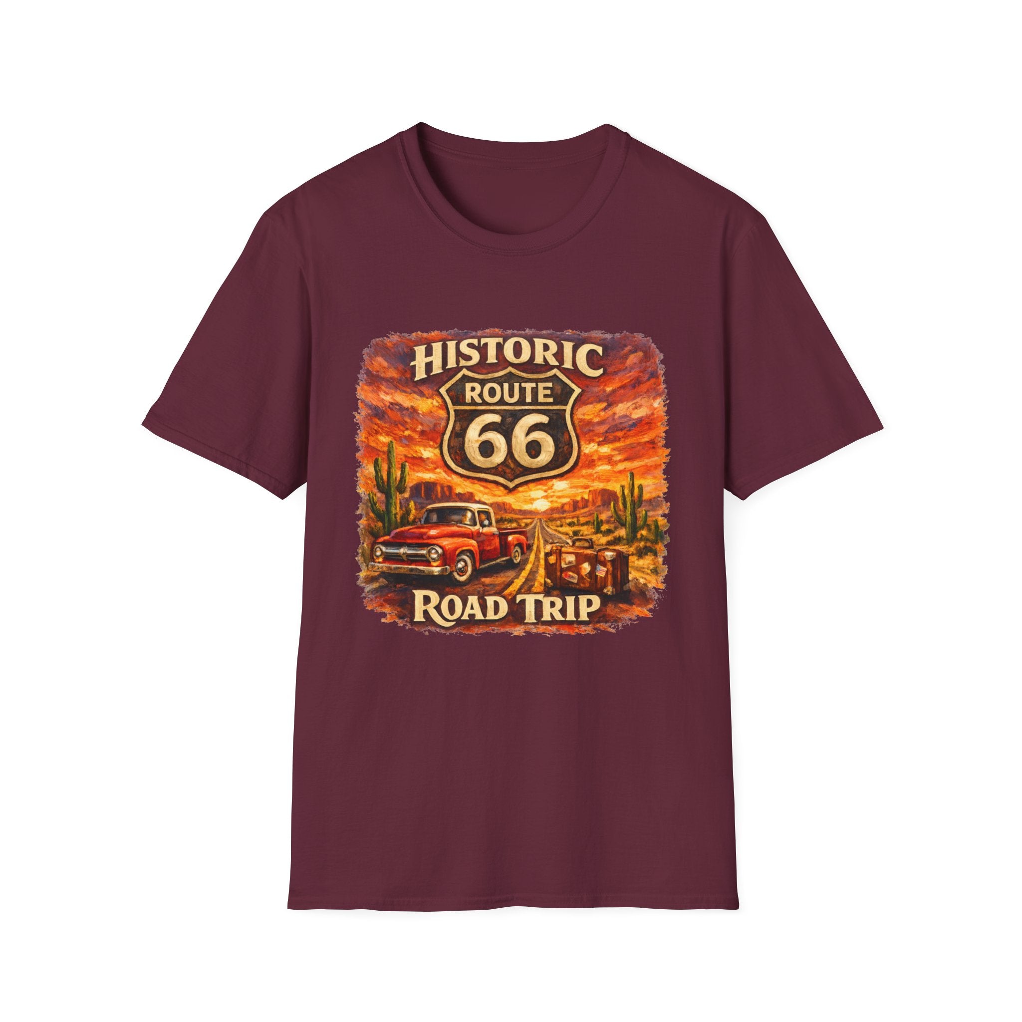 Historic Route 66 Road Trip T-Shirt | Vintage Car Desert Sunset