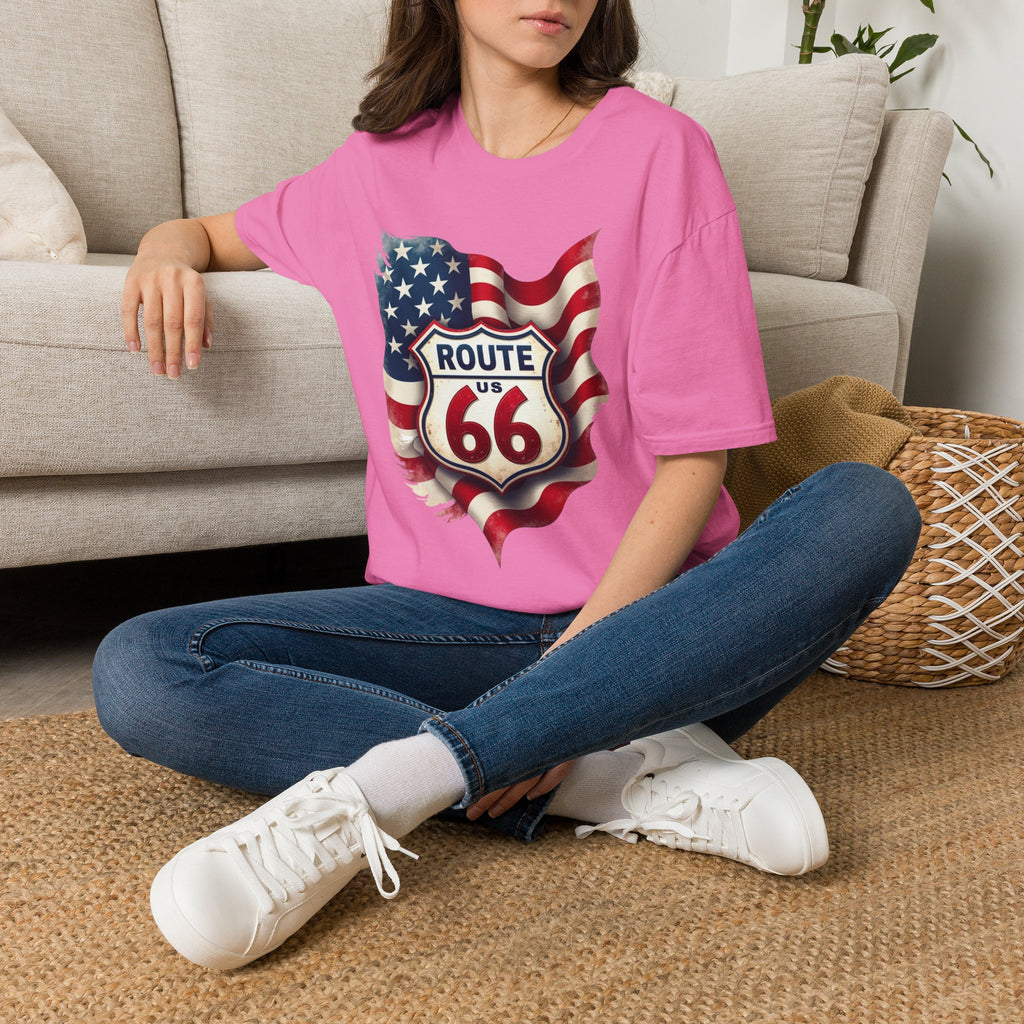 Route 66 Shield with American Flag T-Shirt | Vintage Road Trip Tee