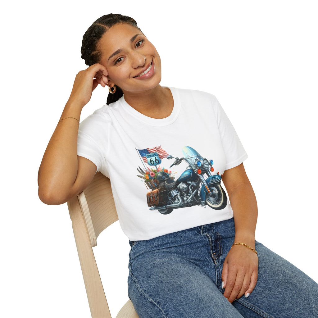 Route 66 Motorcycle Illustration T-Shirt | American Flag, Sunflowers