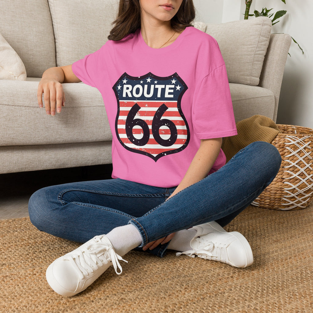 Route 66 Shield T-Shirt | American Flag Vintage Road Sign