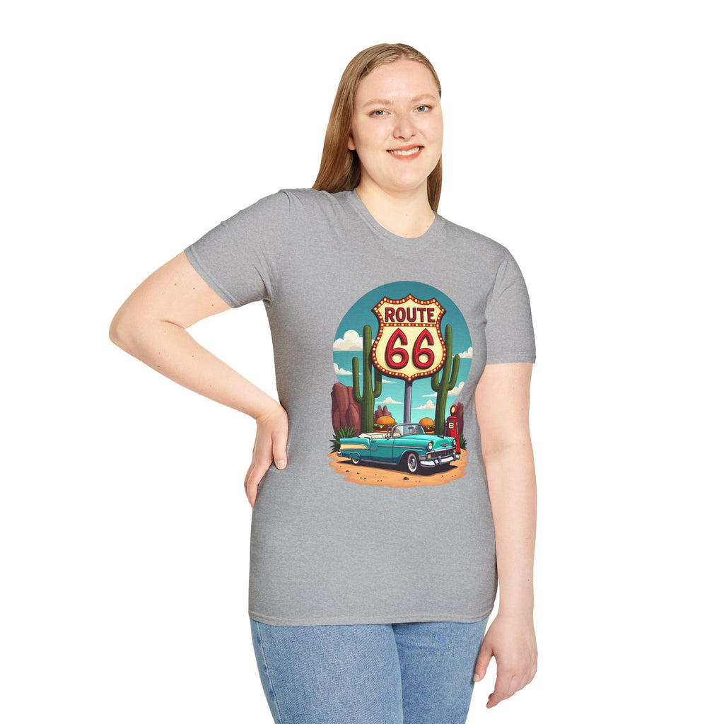 Route 66 Classic Car T-Shirt | Retro Desert Road Sign, Vintage Convertible