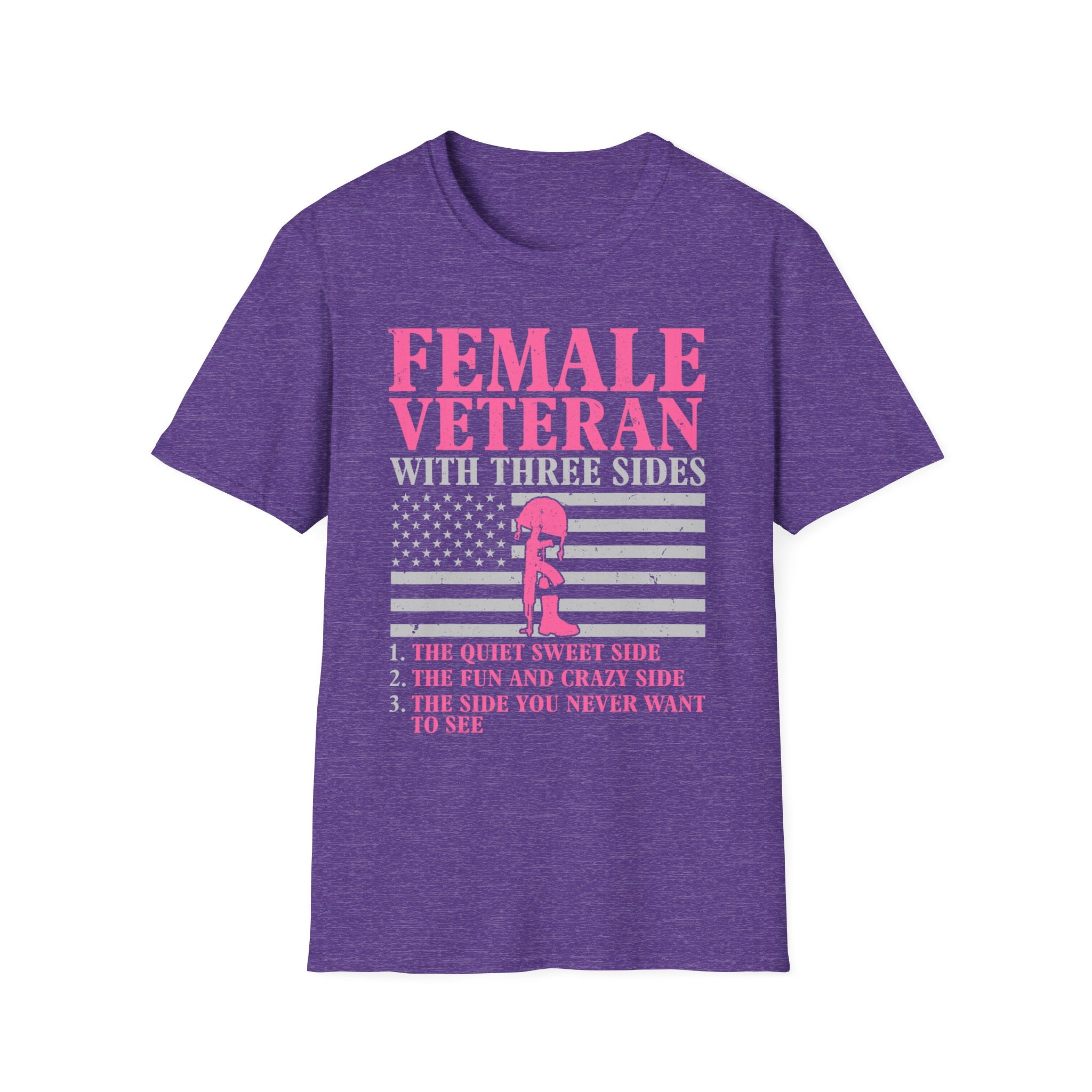 Female Veteran with Three Sides T-Shirt | American Flag, Pink Helmet, Military Pride