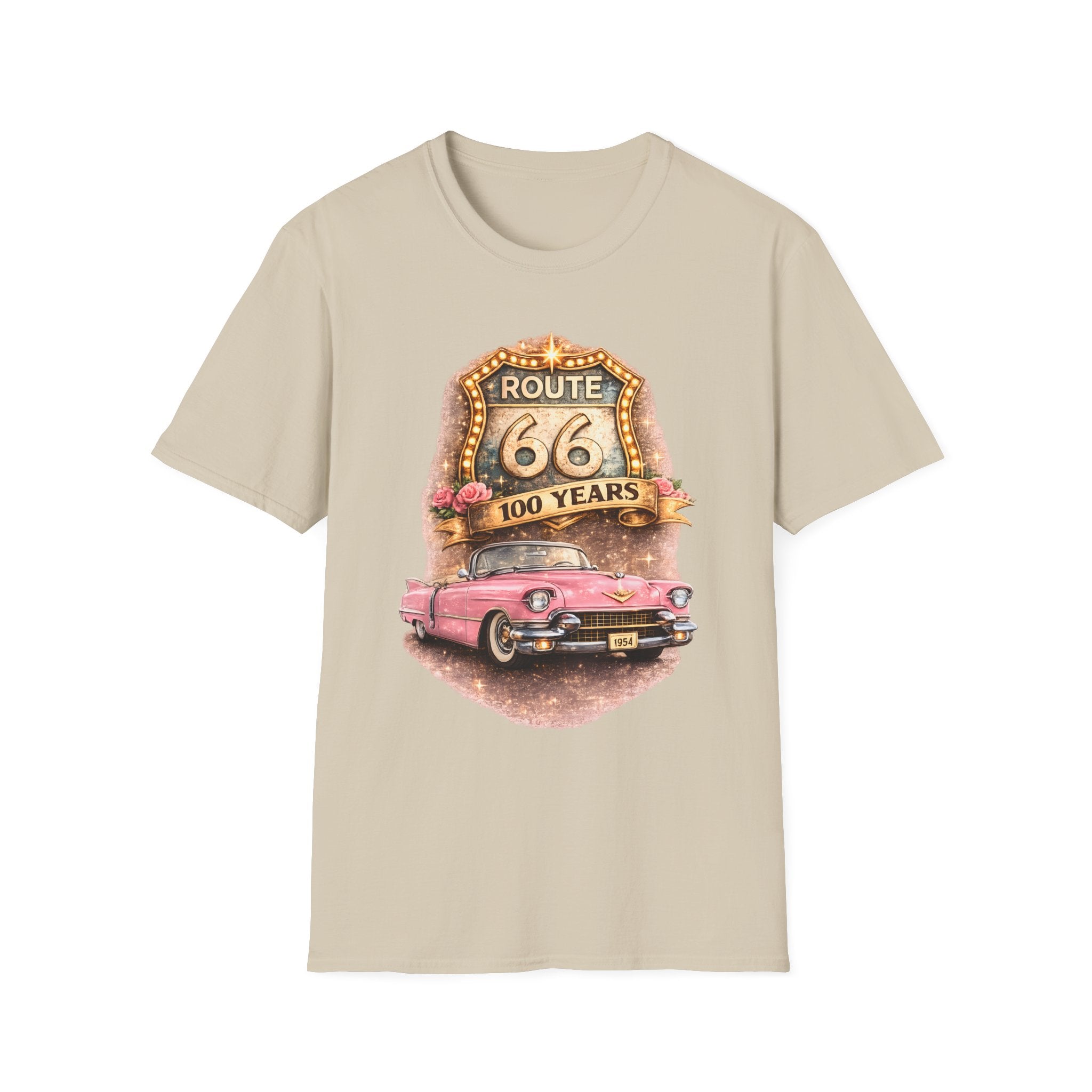 Route 66 100 Years Pink Classic Car T-Shirt | Vintage Road Trip Tee