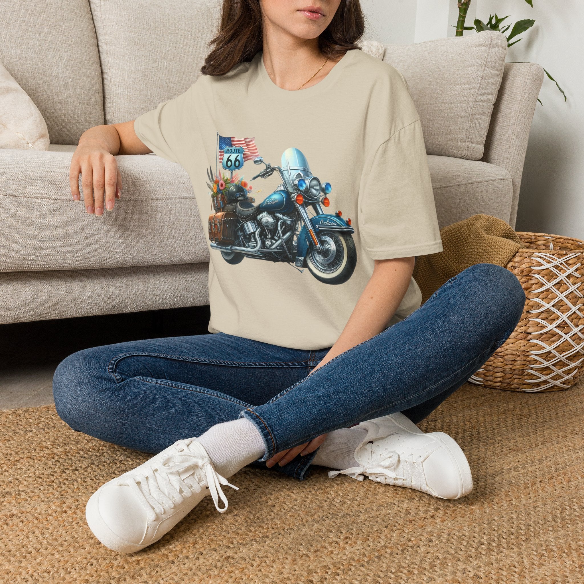 Route 66 Motorcycle Illustration T-Shirt | American Flag, Sunflowers