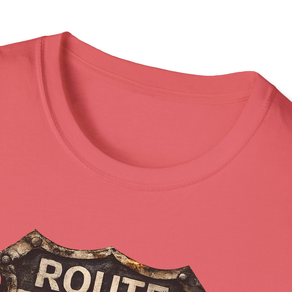 Route 66 Skull Badge T-Shirt | Ride the Legend, Winged Helmet Motorcycle Design