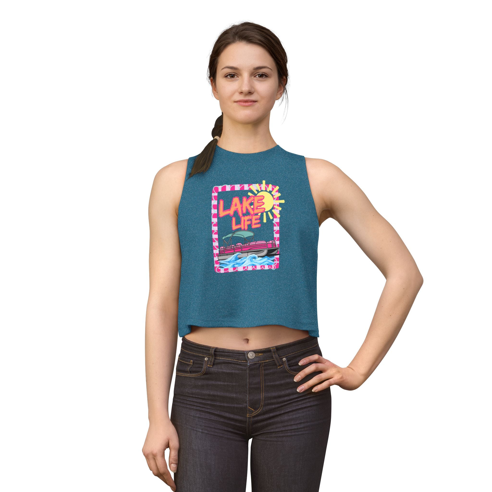 Lake Life boat illustration Crop Top | summer lake vibes, colorful retro frame