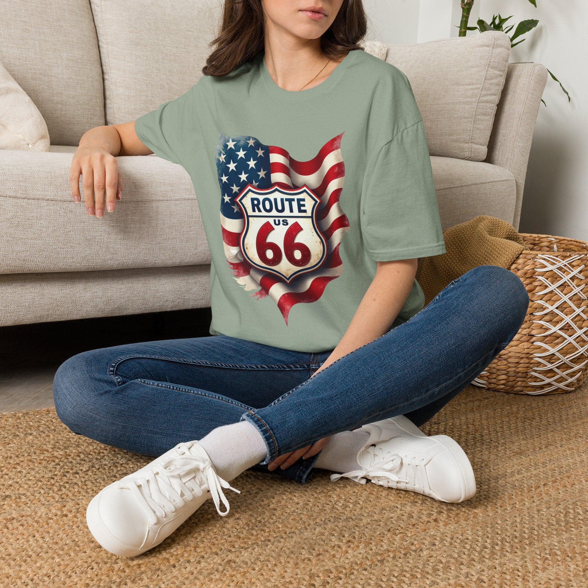 Route 66 Shield with American Flag T-Shirt | Vintage Road Trip Tee