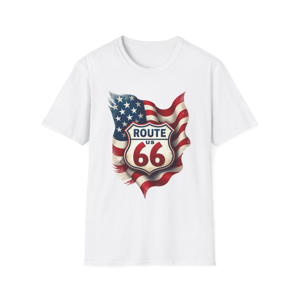 Route 66 Shield with American Flag T-Shirt | Vintage Road Trip Tee