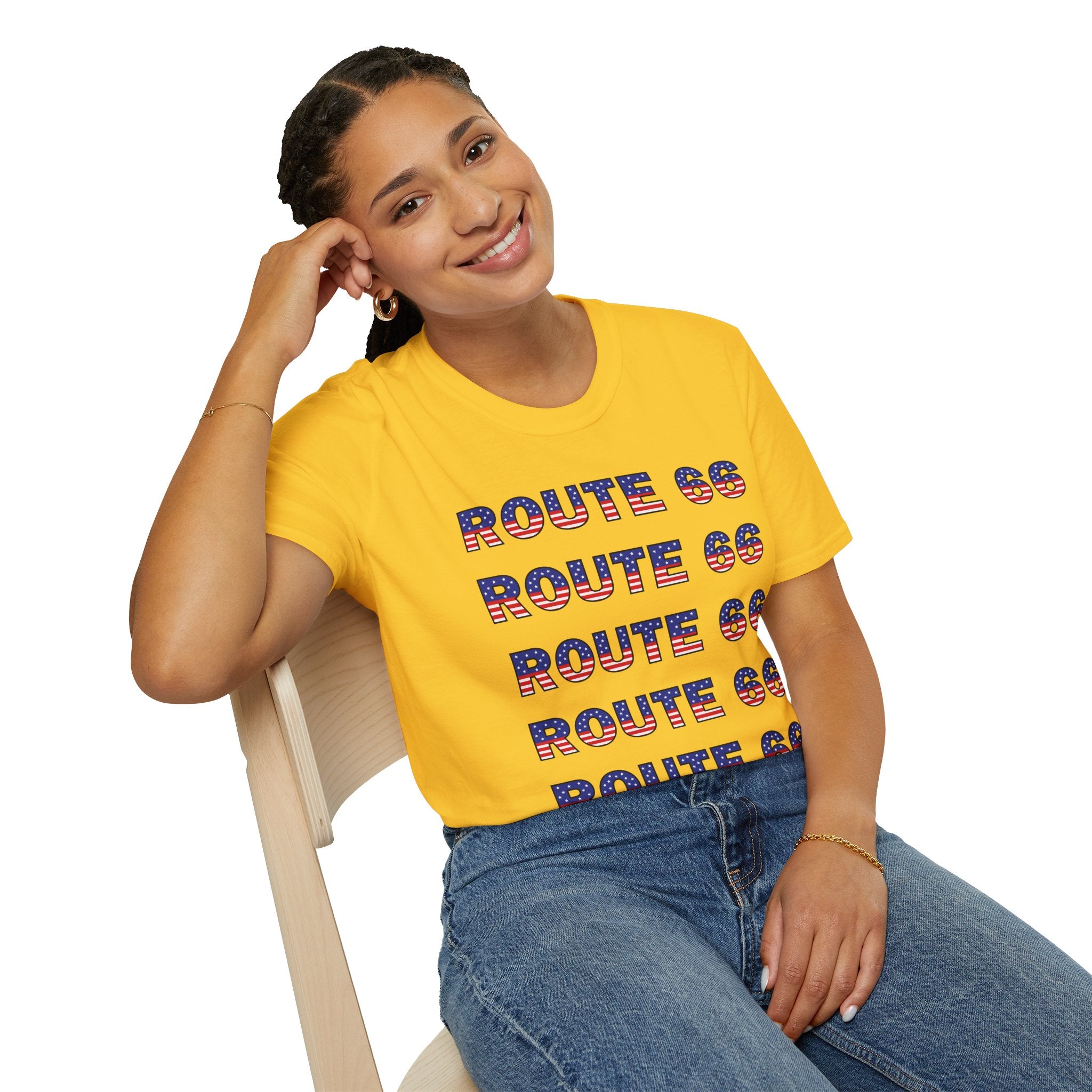 Route 66 Retro Text T-Shirt | American Flag Roadtrip Graphic