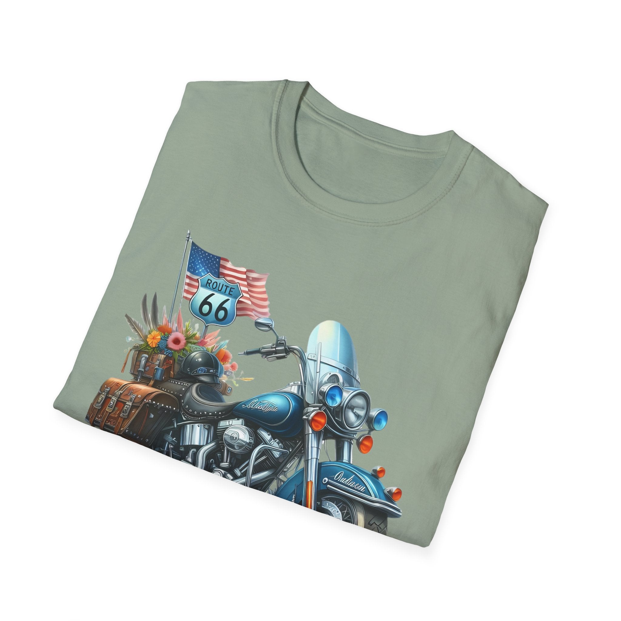 Route 66 Motorcycle Illustration T-Shirt | American Flag, Sunflowers