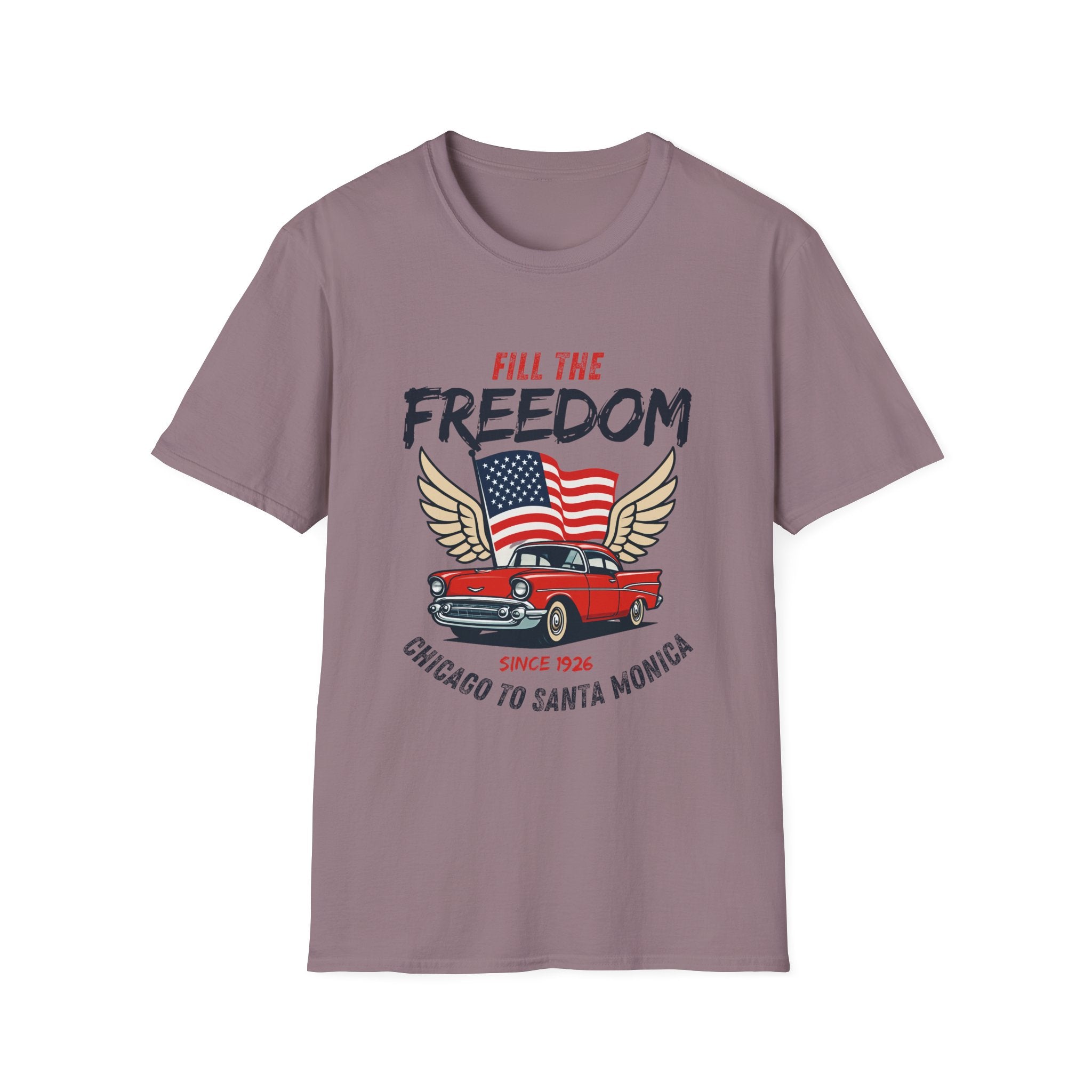 Fill the Freedom Vintage Car T-Shirt | American Flag Wings Chicago to Santa Monica