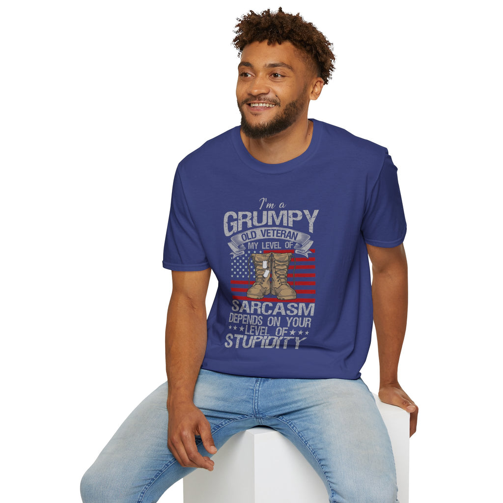 Grumpy Old Veteran Boots, T-Shirt | American Flag, Sarcasm Depends on Stupidity