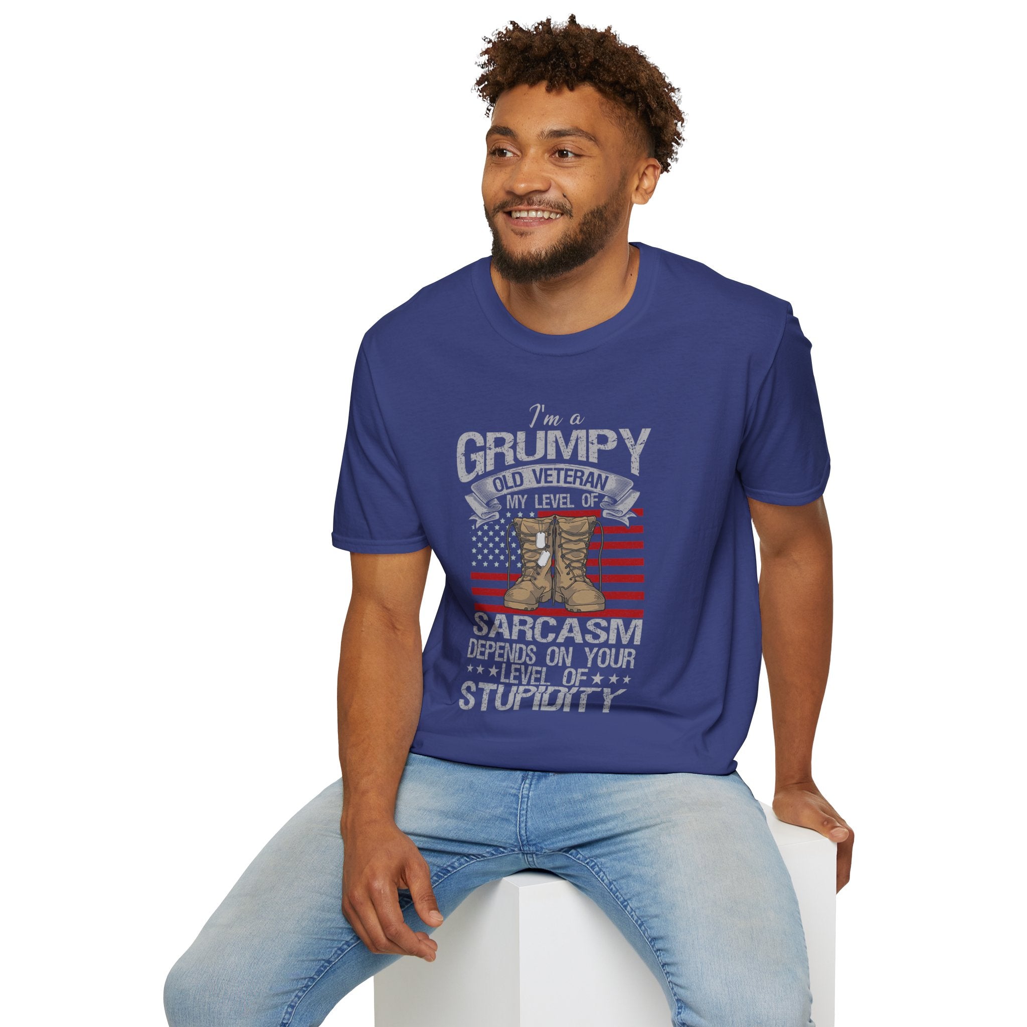 Grumpy Old Veteran Boots, T-Shirt | American Flag, Sarcasm Depends on Stupidity