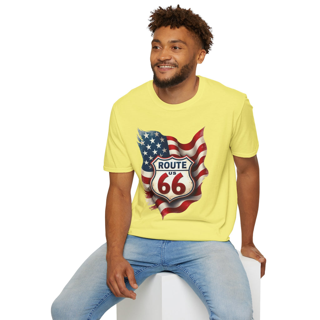 Route 66 Shield with American Flag T-Shirt | Vintage Road Trip Tee