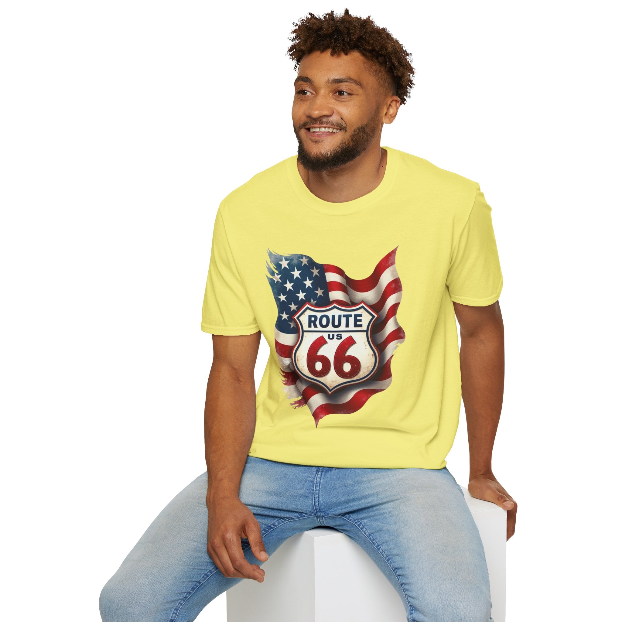 Route 66 Shield with American Flag T-Shirt | Vintage Road Trip Tee