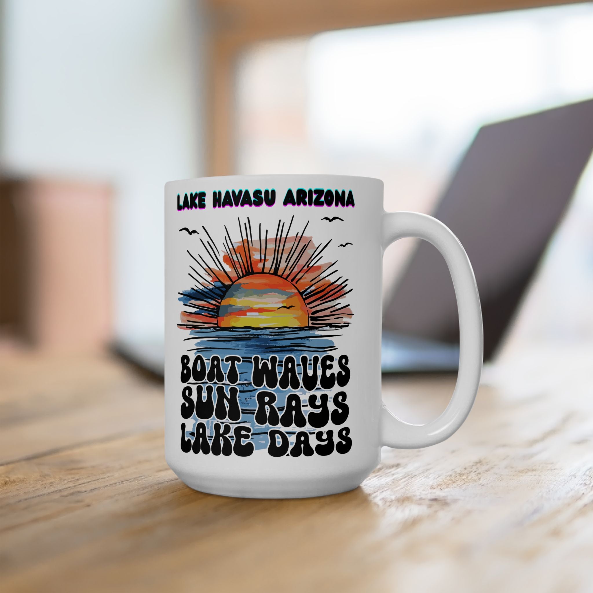 Lake Havasu Arizona Sunset Boat Waves Sun Rays Lake Days Mug | Retro Beach Sunrise Ceramic Mug