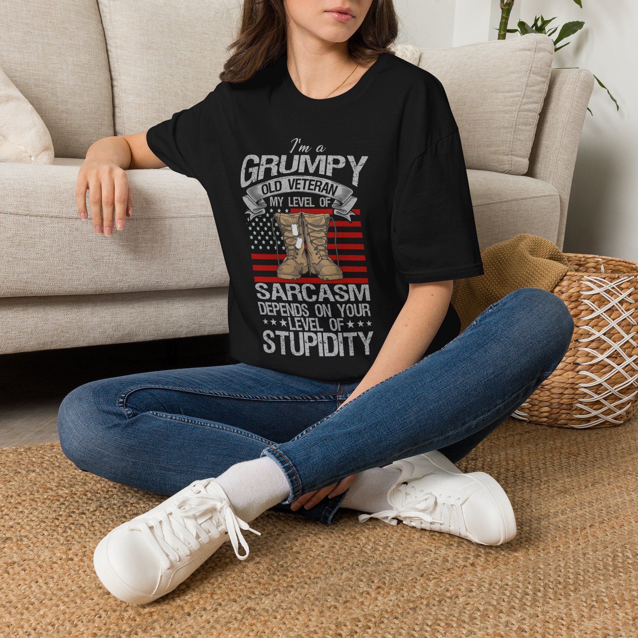 Grumpy Old Veteran Boots, T-Shirt | American Flag, Sarcasm Depends on Stupidity