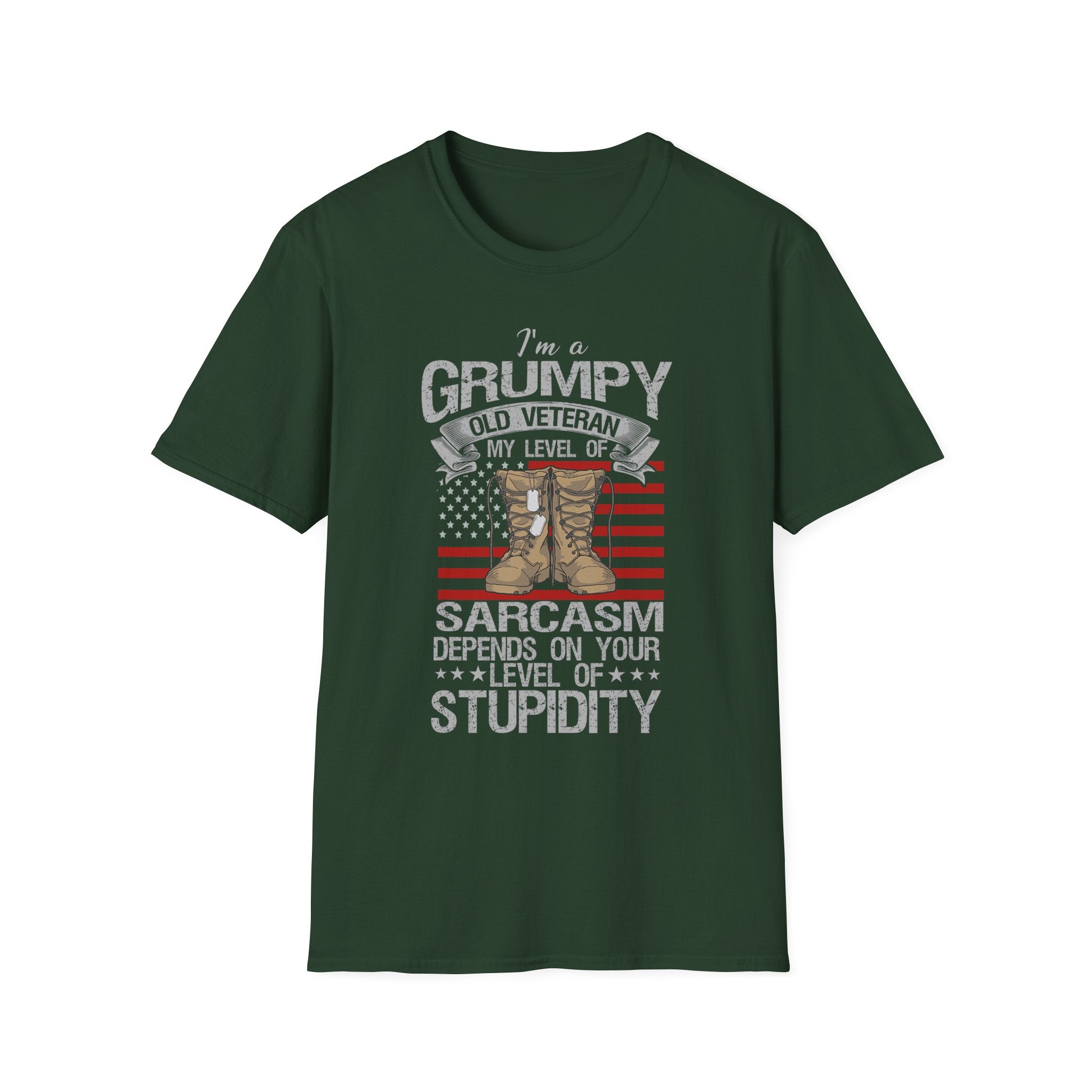 Grumpy Old Veteran Boots, T-Shirt | American Flag, Sarcasm Depends on Stupidity