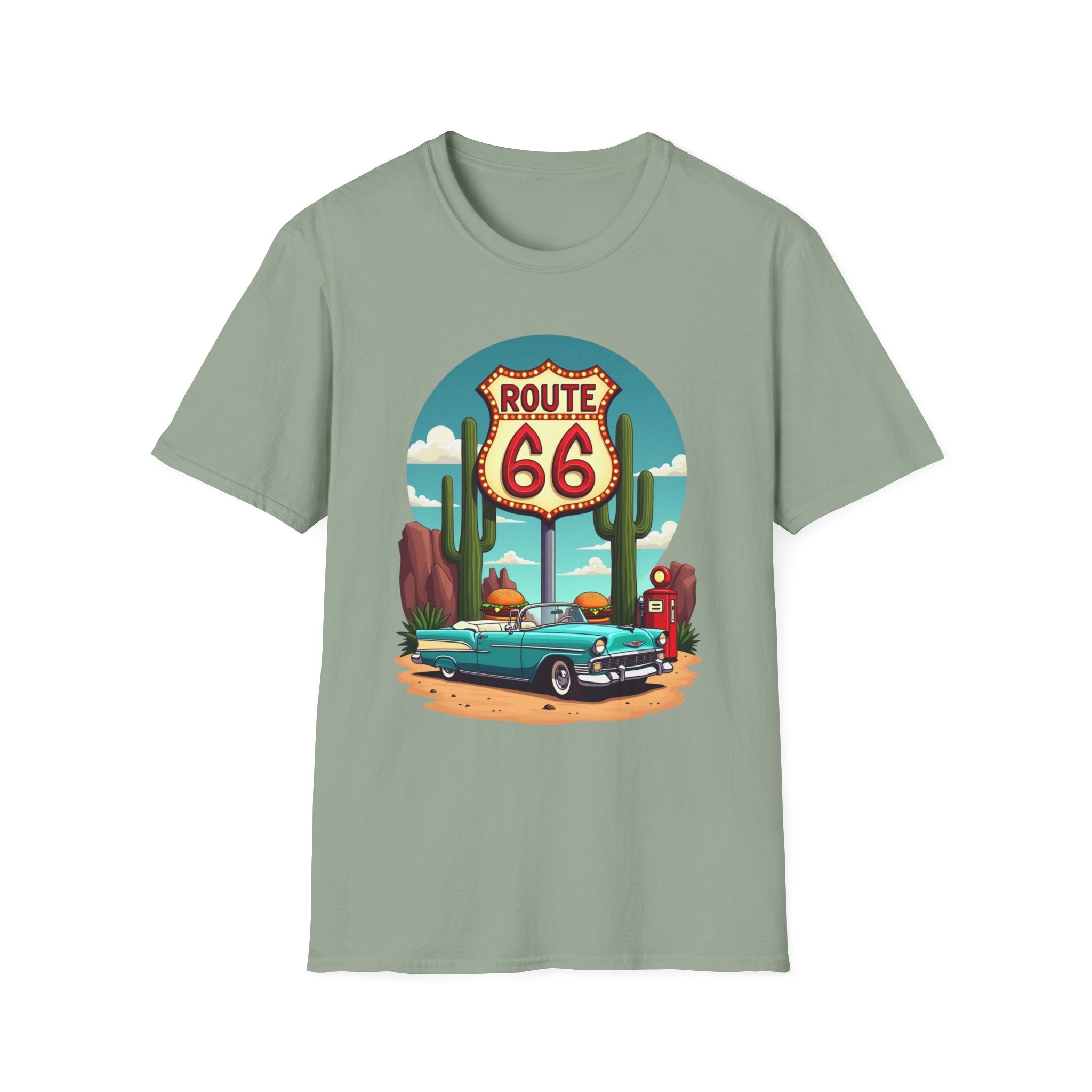 Route 66 Classic Car T-Shirt | Retro Desert Road Sign, Vintage Convertible
