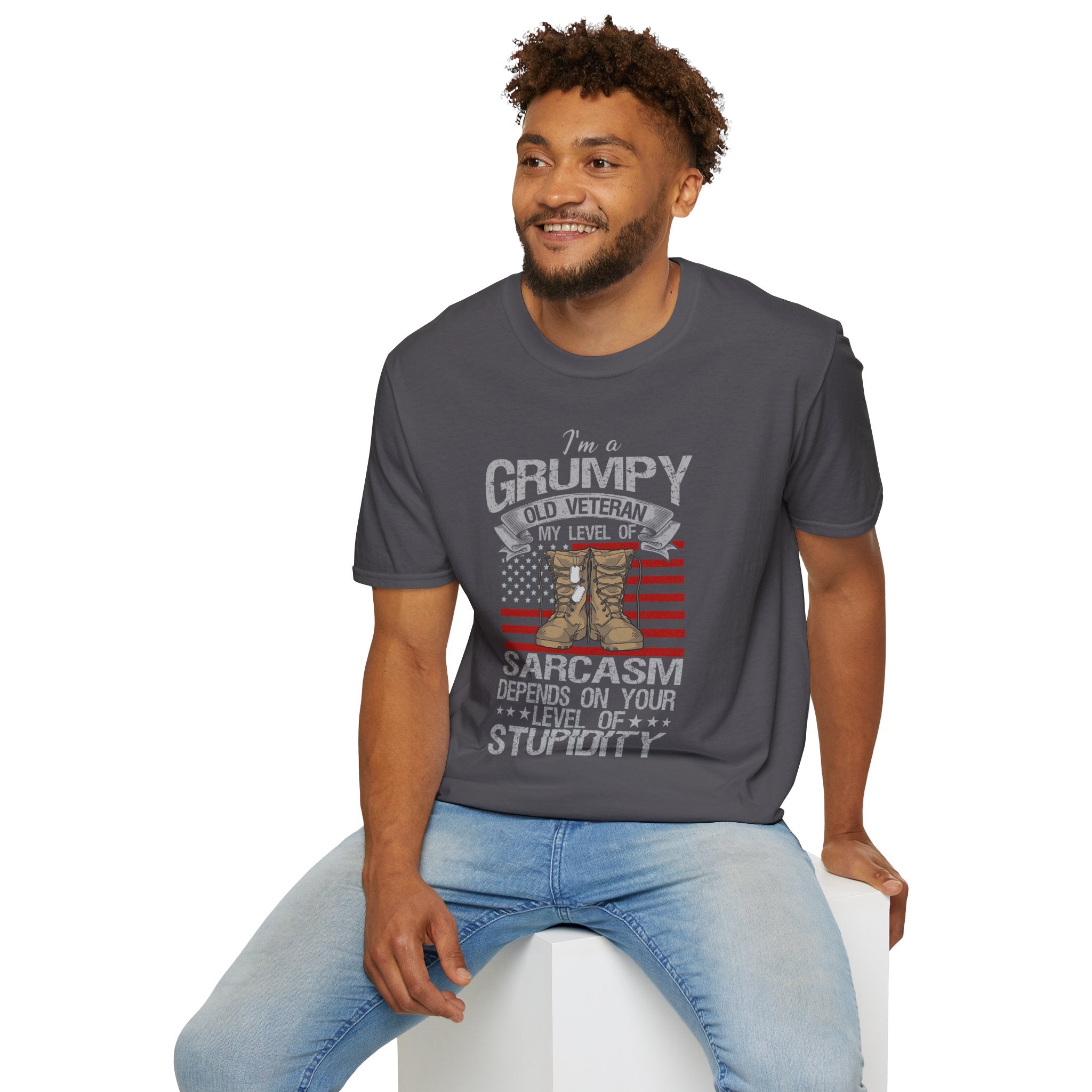 Grumpy Old Veteran Boots, T-Shirt | American Flag, Sarcasm Depends on Stupidity