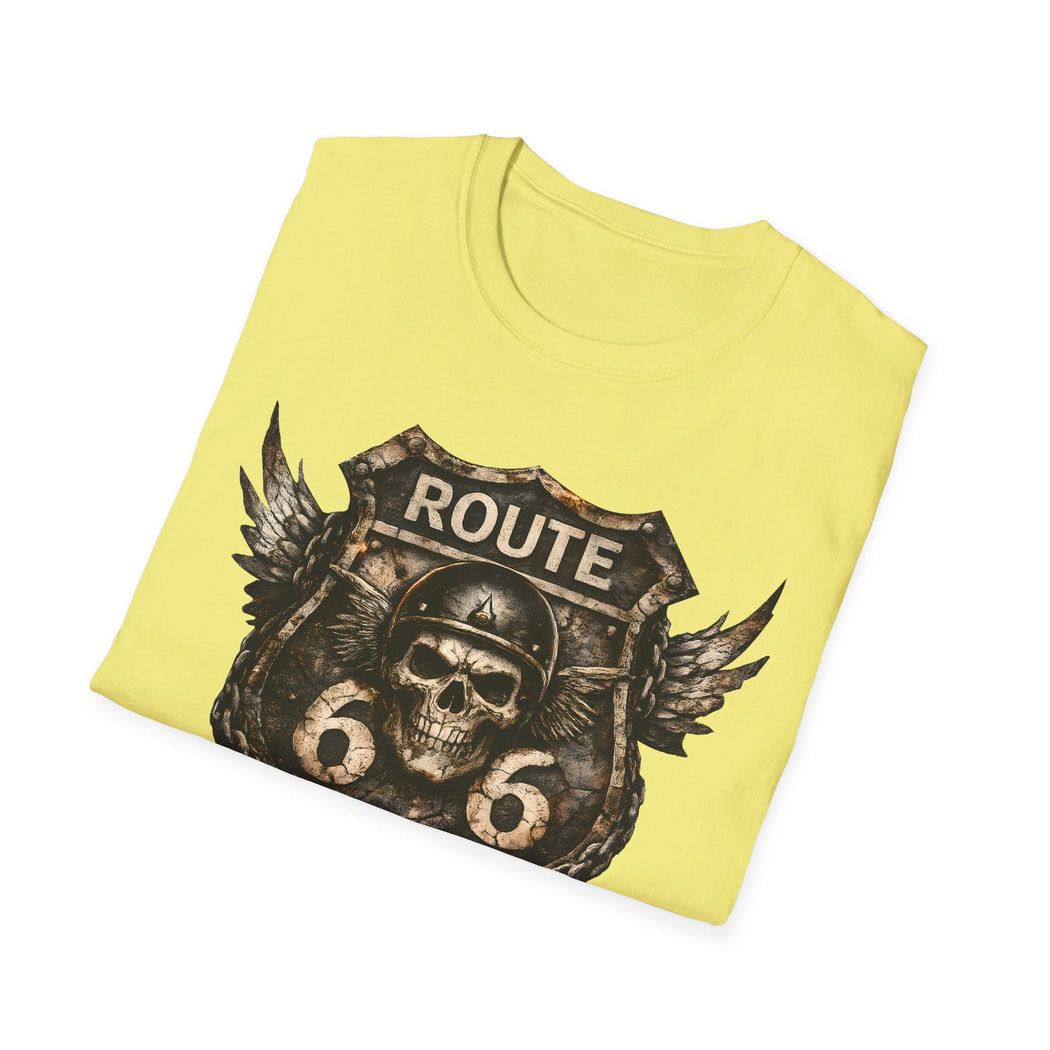 Route 66 Skull Badge T-Shirt | Ride the Legend, Winged Helmet Motorcycle Design