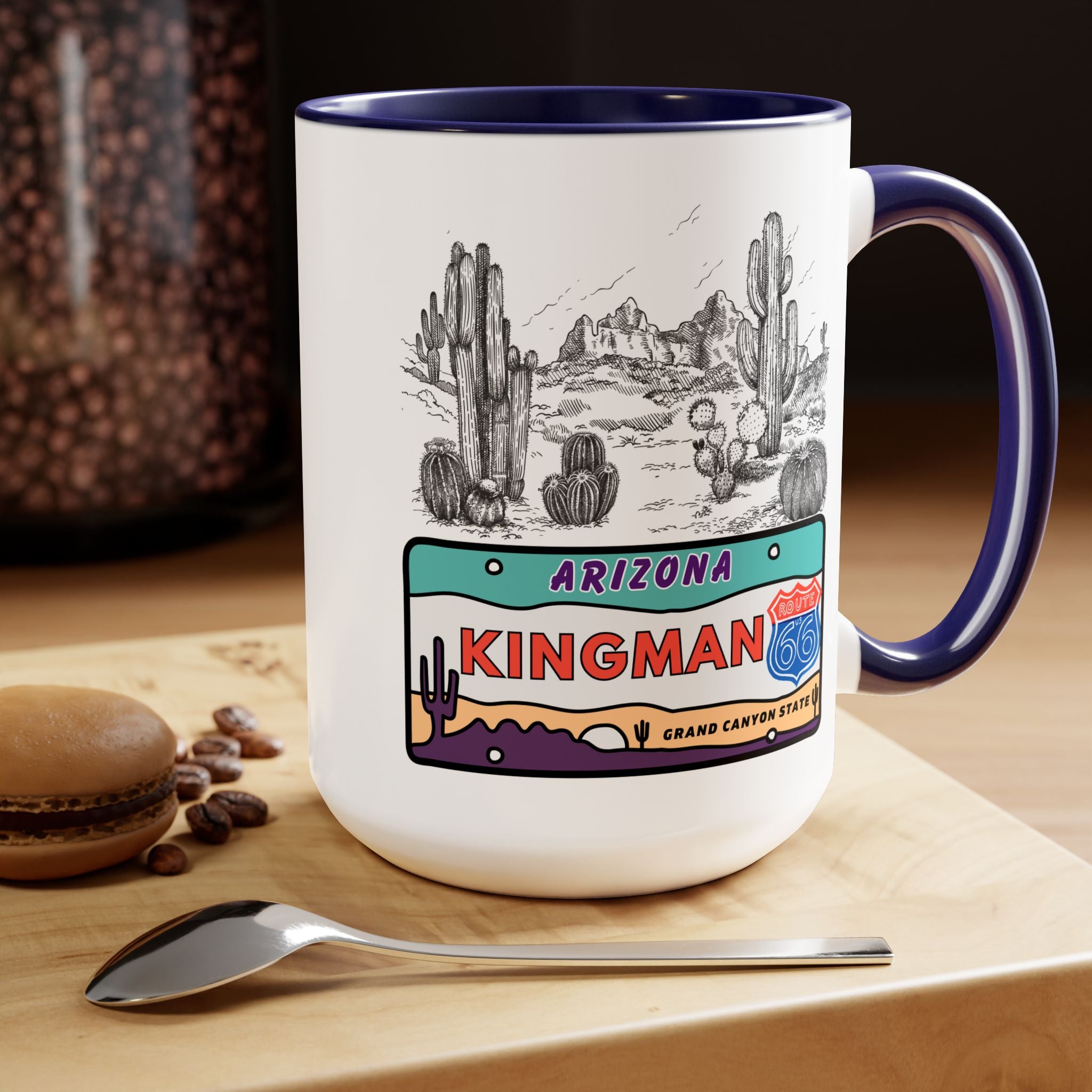 Kingman Arizona Route 66 Two-Tone Coffee Mugs, 15oz